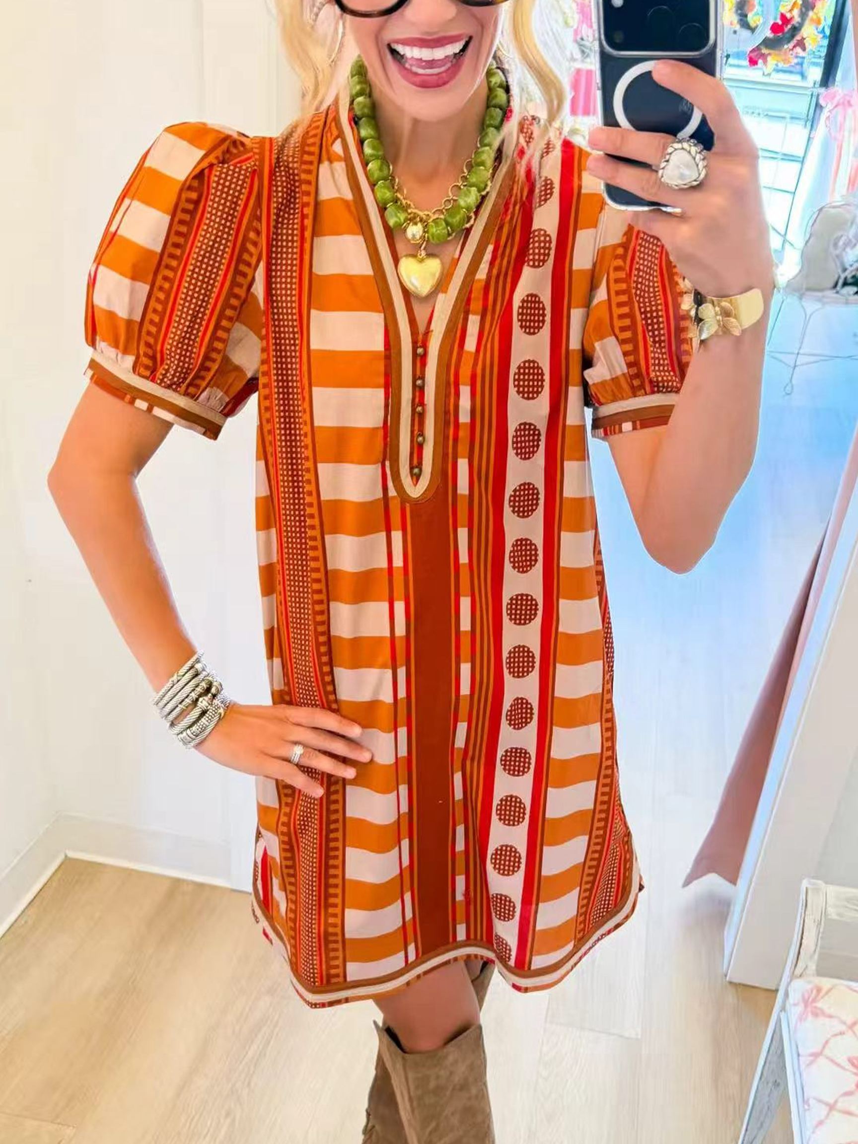 Sunset Boho Tunic Mini Dress - Orange Red Stripe Puff Sleeve V-Neck