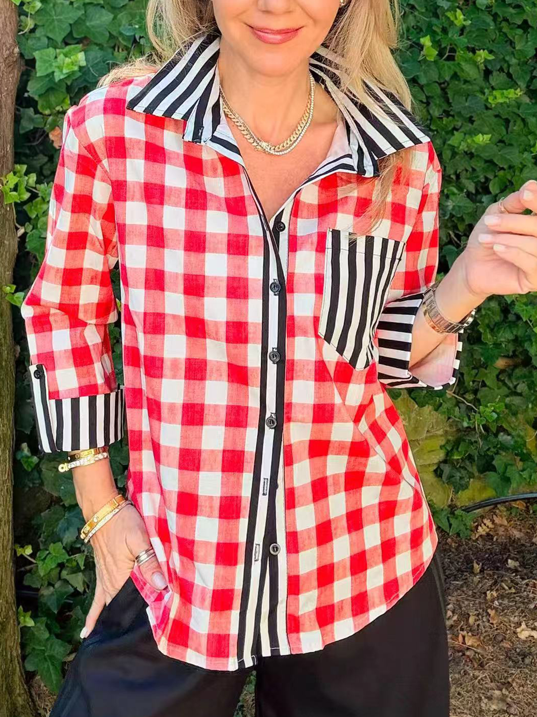 Contrast Print Mixed-Print Button-Down Blouse