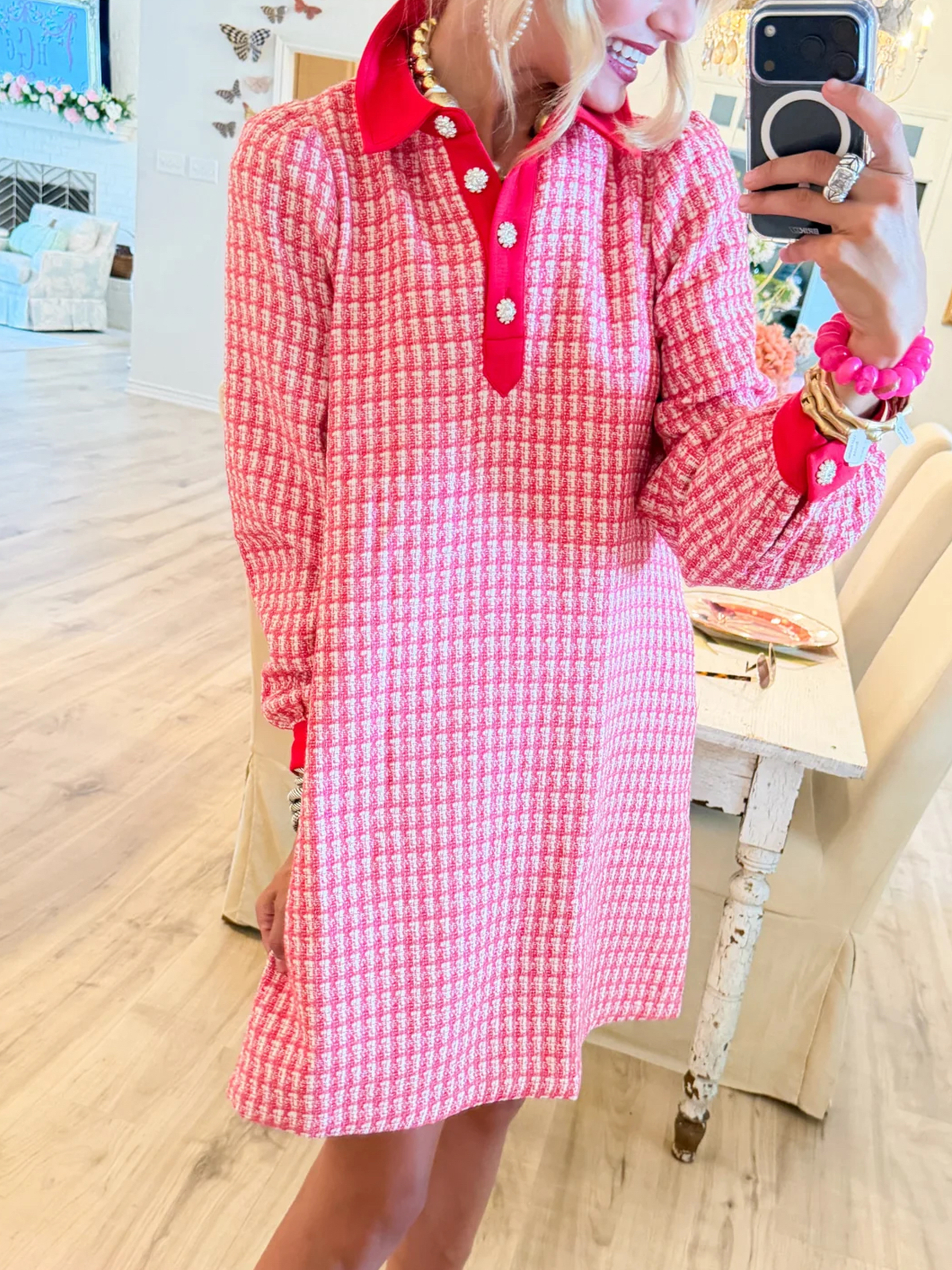 Blushing Gingham Popover Mini Dress - Red Contrast Collar Long Sleeve