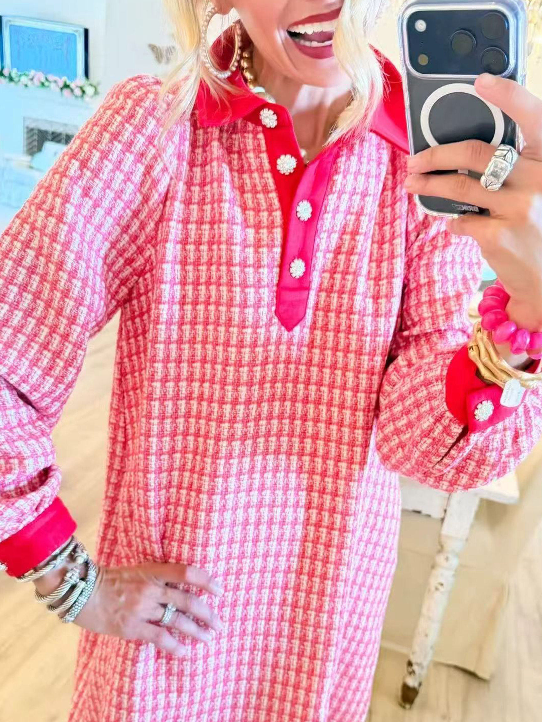 Blushing Gingham Popover Mini Dress - Red Contrast Collar Long Sleeve
