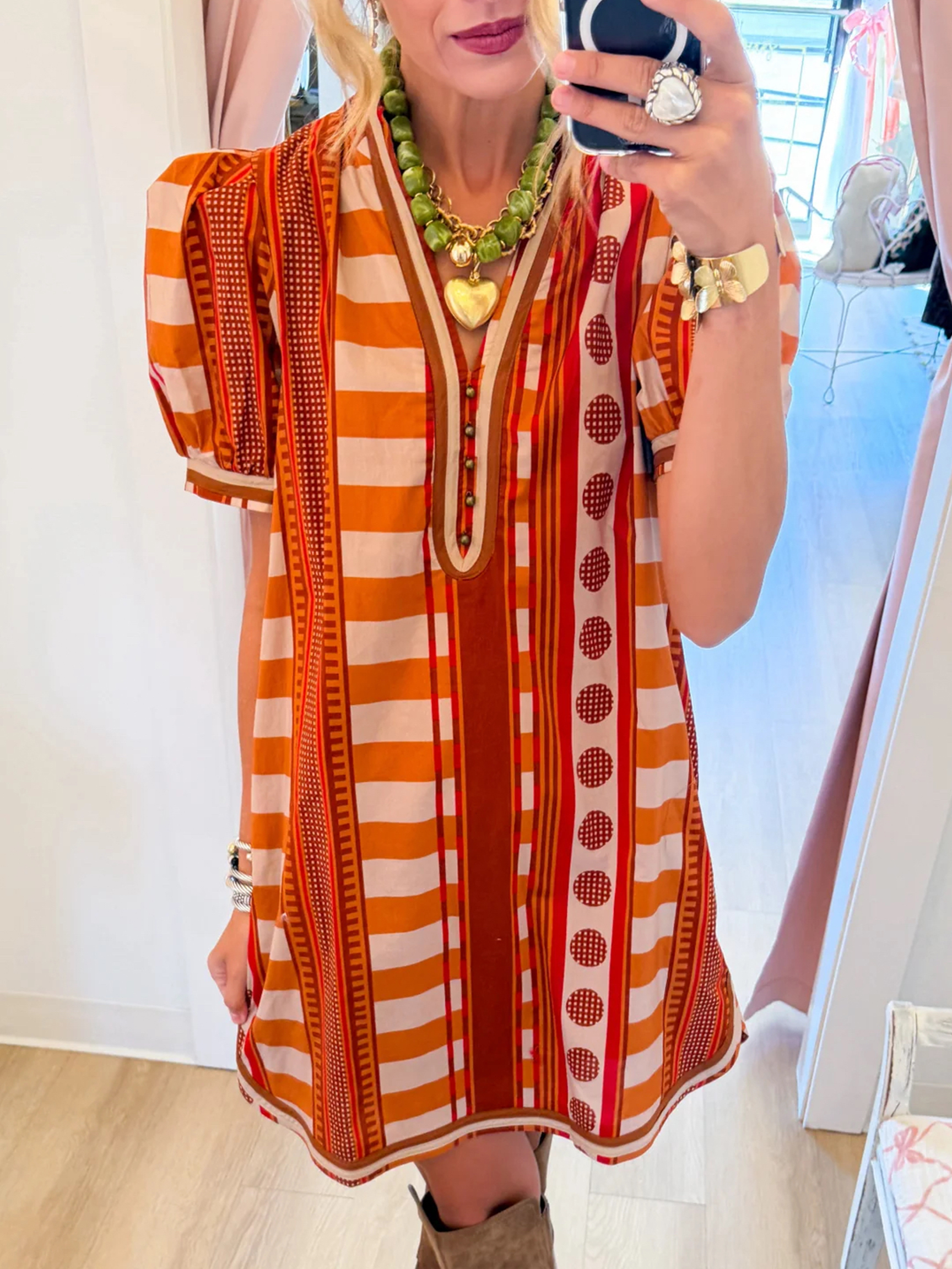 Sunset Boho Tunic Mini Dress - Orange Red Stripe Puff Sleeve V-Neck