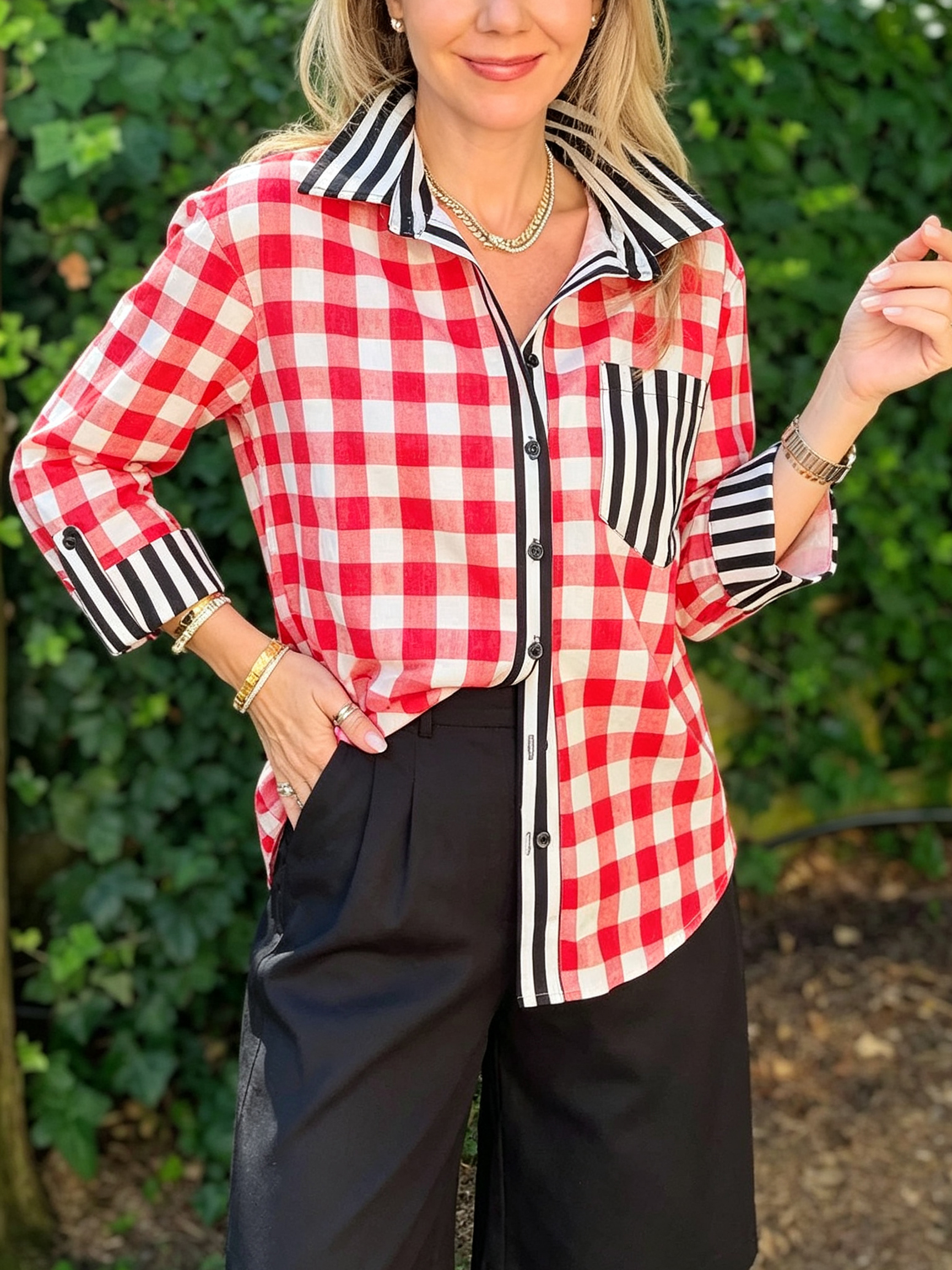 Contrast Print Mixed-Print Button-Down Blouse
