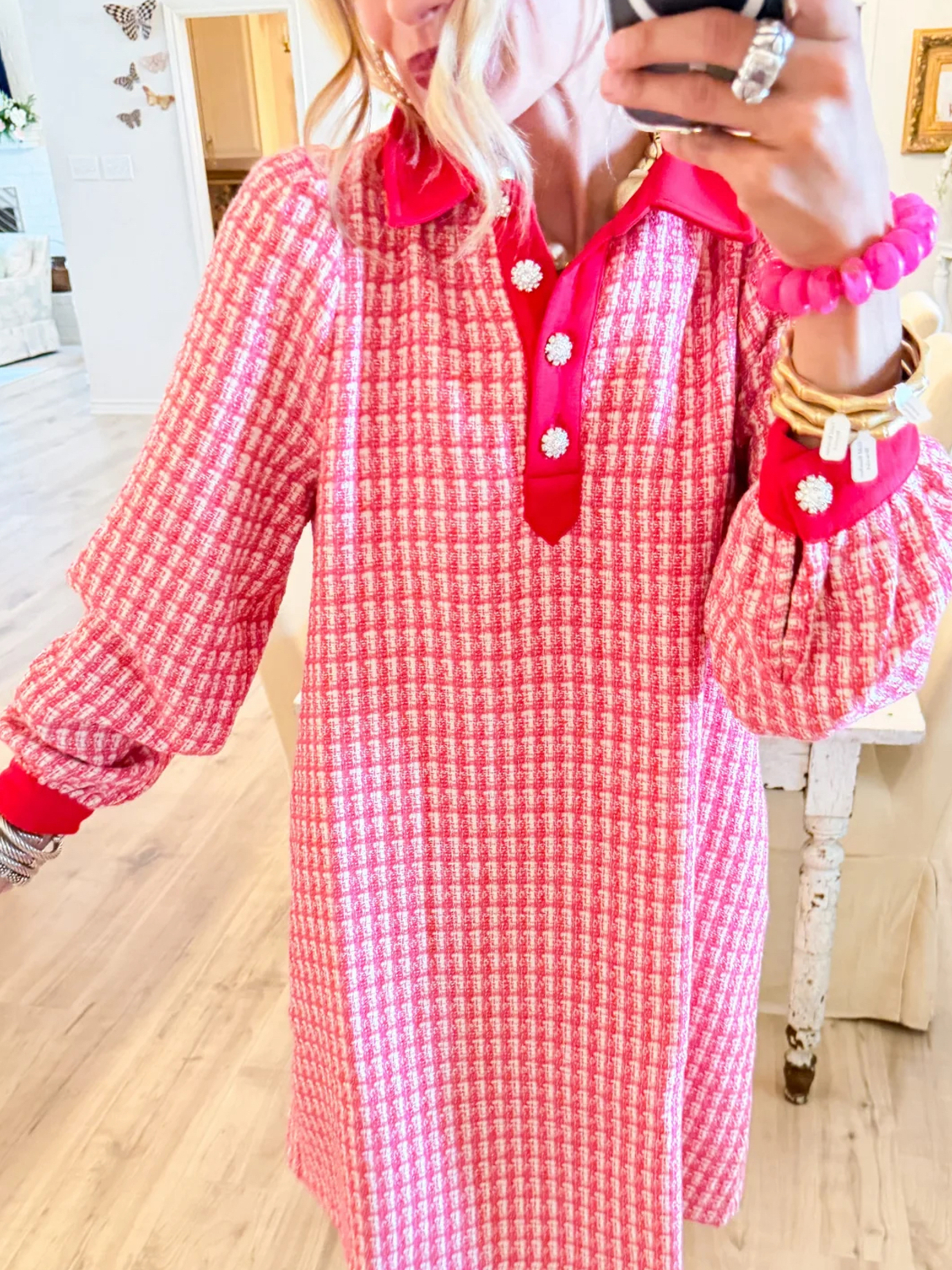 Blushing Gingham Popover Mini Dress - Red Contrast Collar Long Sleeve