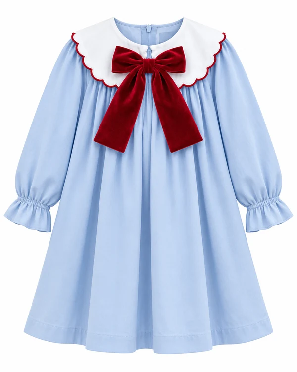 Girls Light Blue Peter Pan Collar Dress with Burgundy Velvet Bow, Long Sleeve Kids Party Dress
