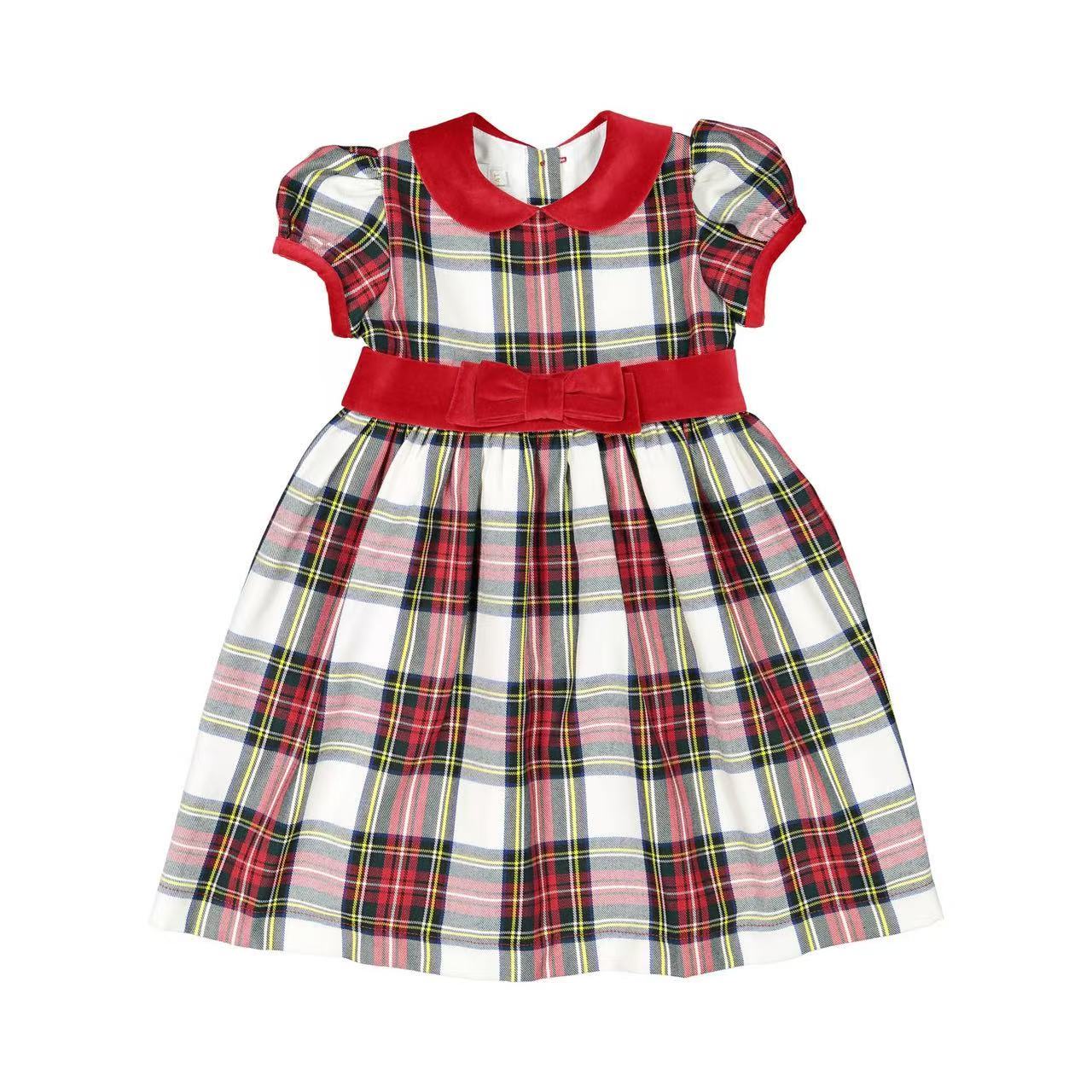 Girls Christmas Tartan Plaid Dress, Red Velvet Peter Pan Collar Puff Short Sleeve Holiday Dress