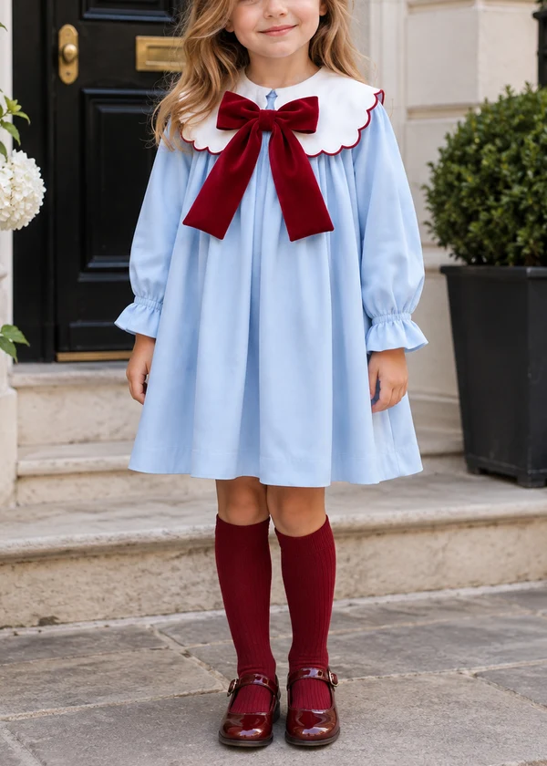 Girls Light Blue Peter Pan Collar Dress with Burgundy Velvet Bow, Long Sleeve Kids Party Dress