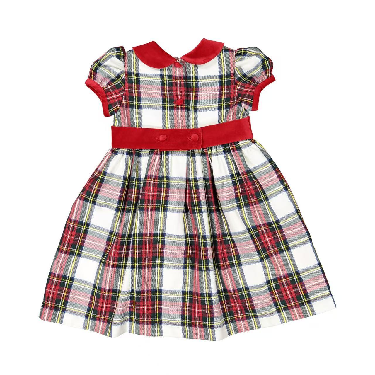 Girls Christmas Tartan Plaid Dress, Red Velvet Peter Pan Collar Puff Short Sleeve Holiday Dress
