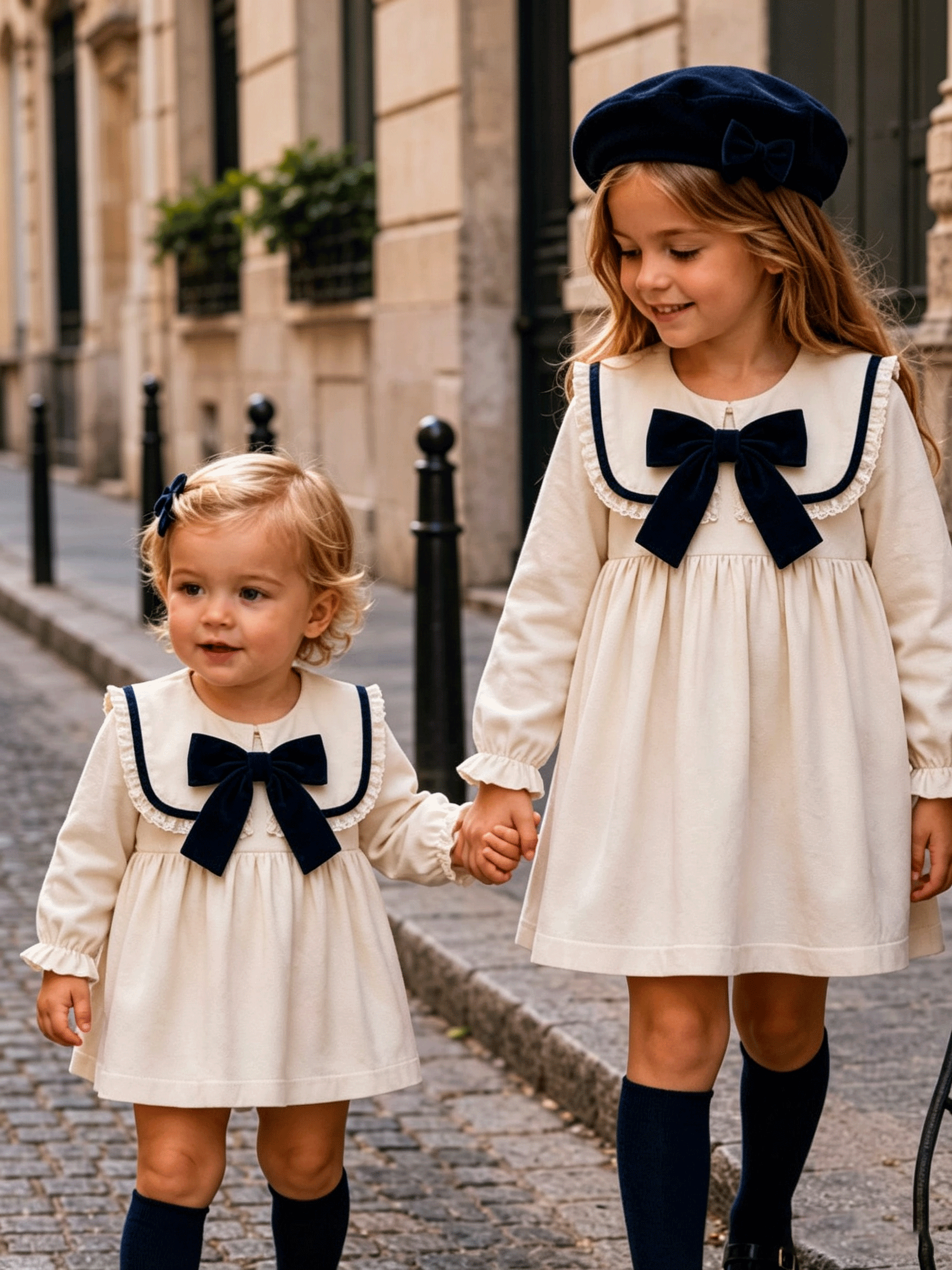 Vintage Girls Fall Long Sleeve Dress, Elegant Navy Bow for Party & Daily