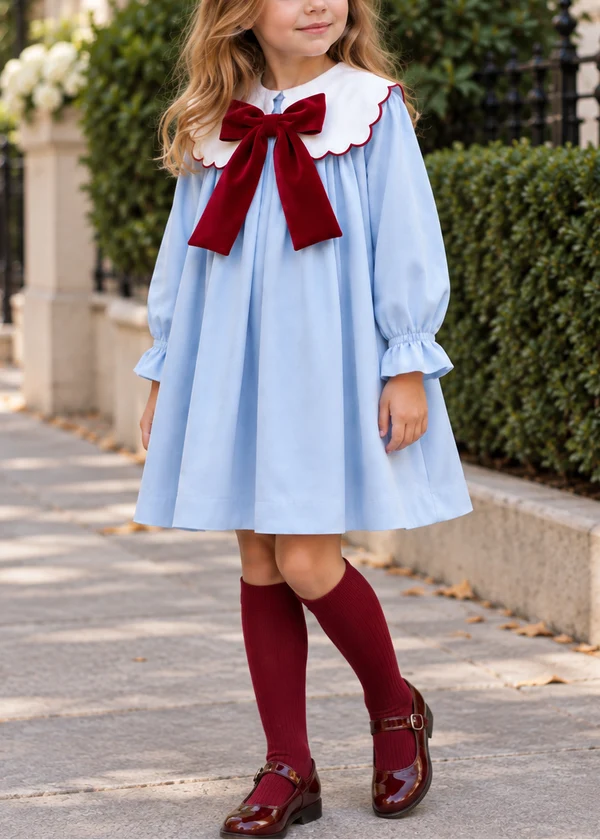 Girls Light Blue Peter Pan Collar Dress with Burgundy Velvet Bow, Long Sleeve Kids Party Dress