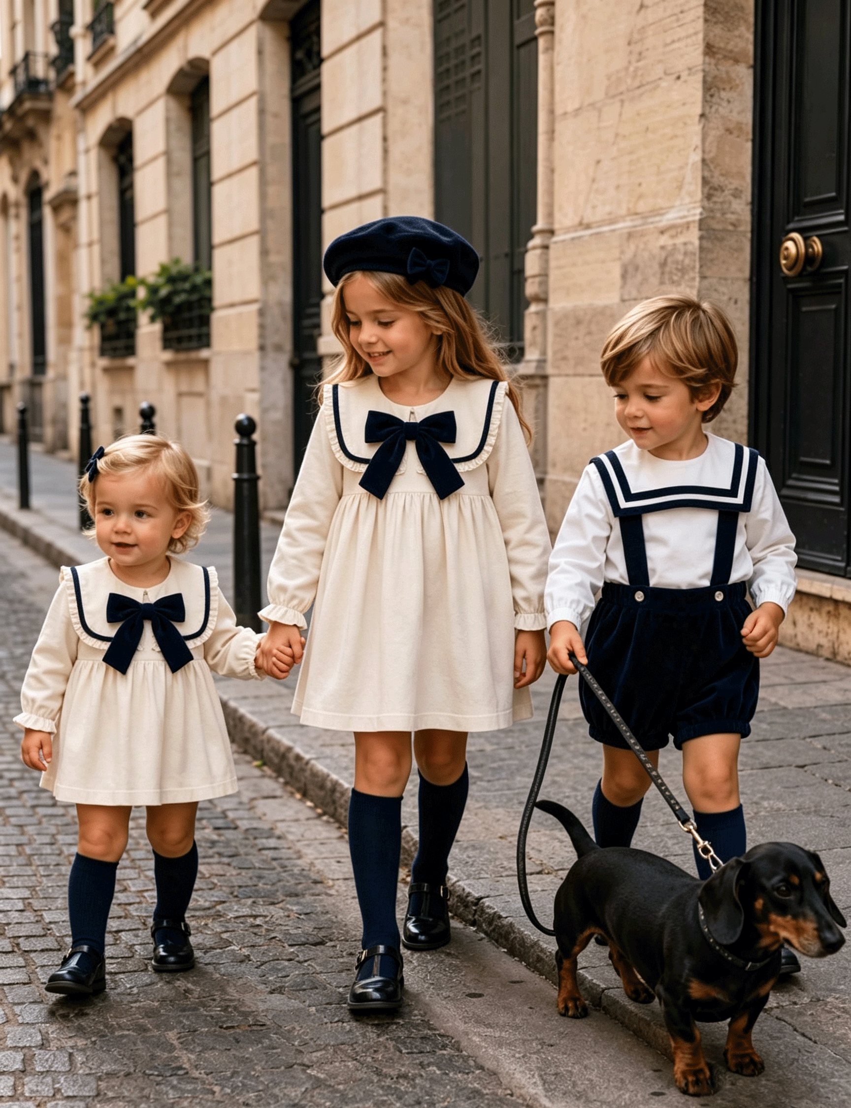 Vintage Girls Fall Long Sleeve Dress, Elegant Navy Bow for Party & Daily