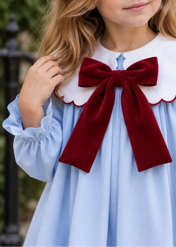 Girls Light Blue Peter Pan Collar Dress with Burgundy Velvet Bow, Long Sleeve Kids Party Dress