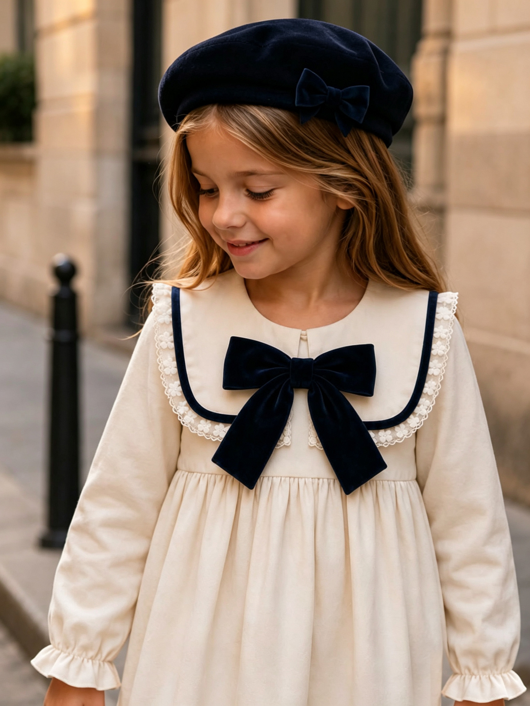 Vintage Girls Fall Long Sleeve Dress, Elegant Navy Bow for Party & Daily