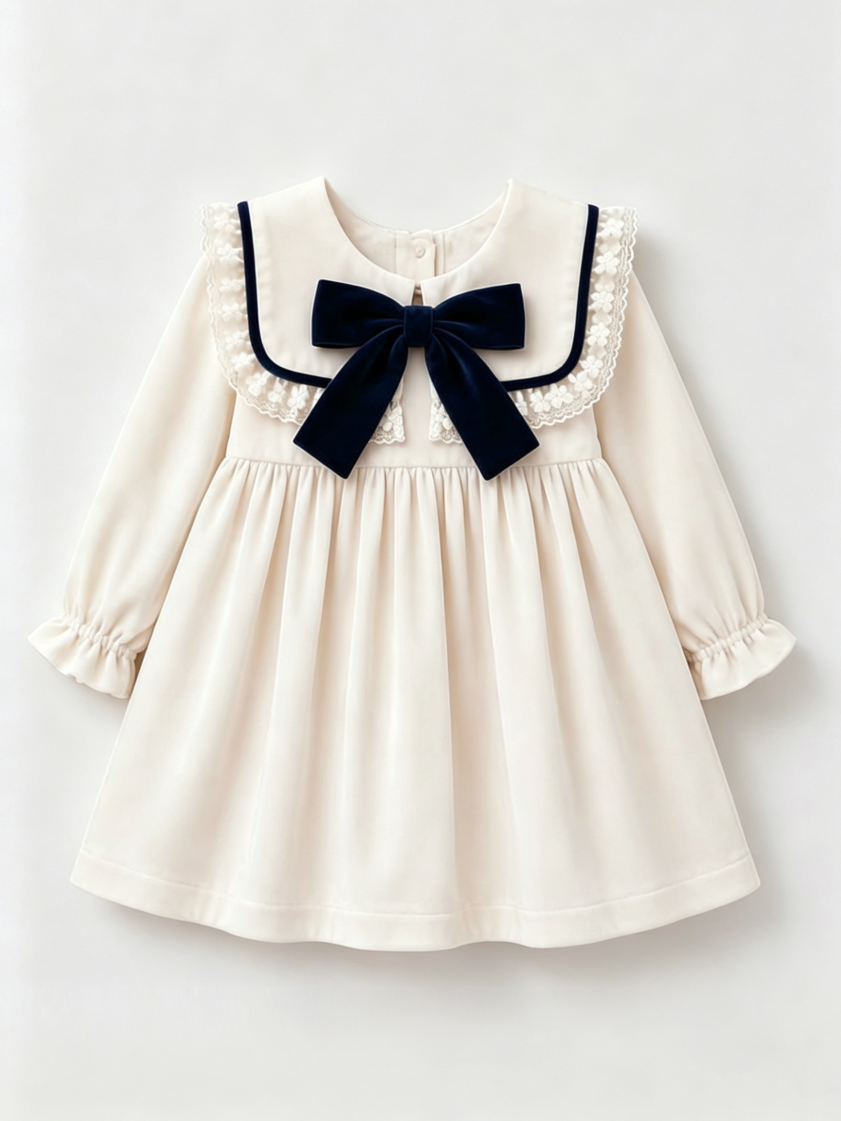 Vintage Girls Fall Long Sleeve Dress, Elegant Navy Bow for Party & Daily