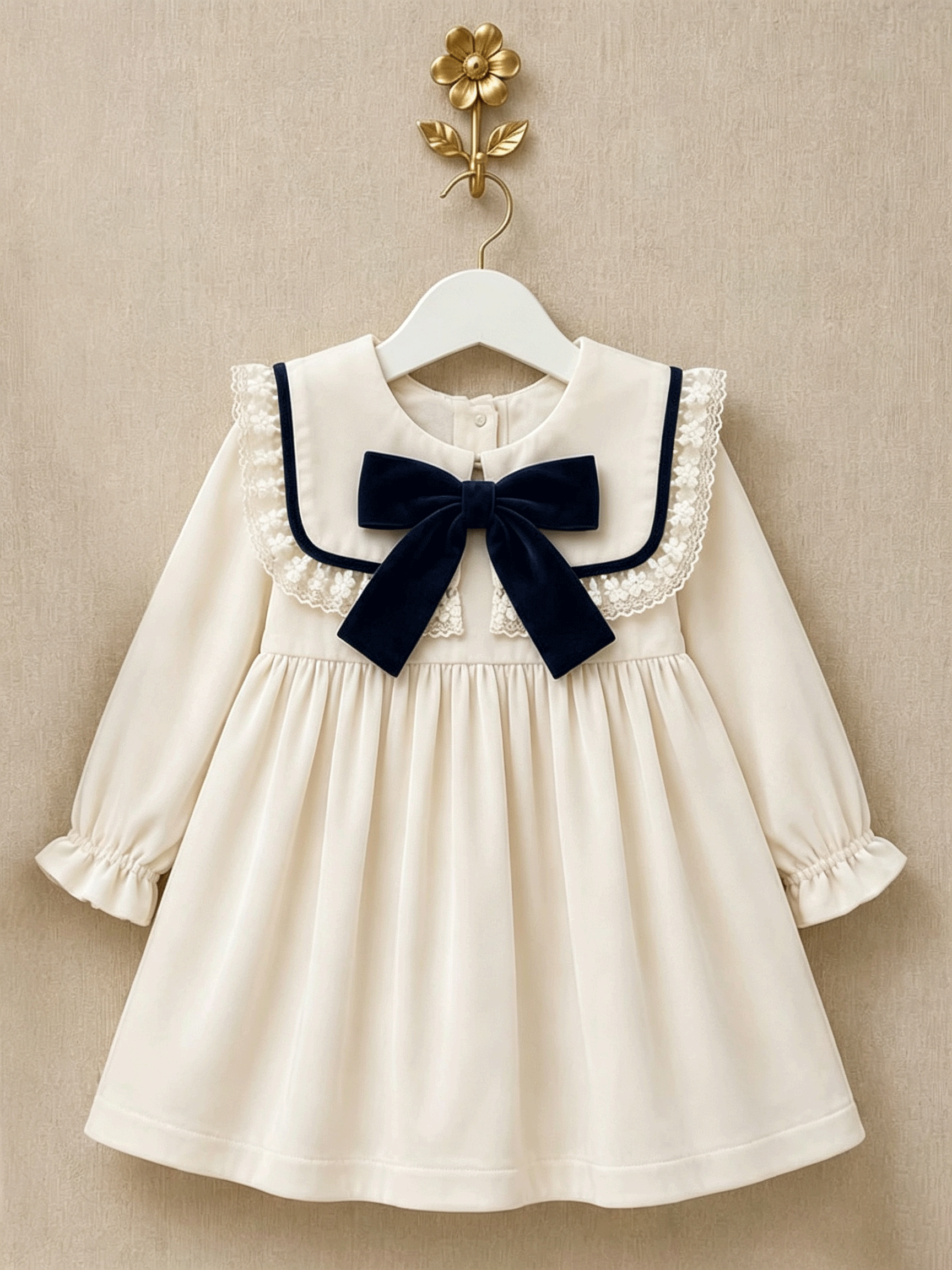 Vintage Girls Fall Long Sleeve Dress, Elegant Navy Bow for Party & Daily