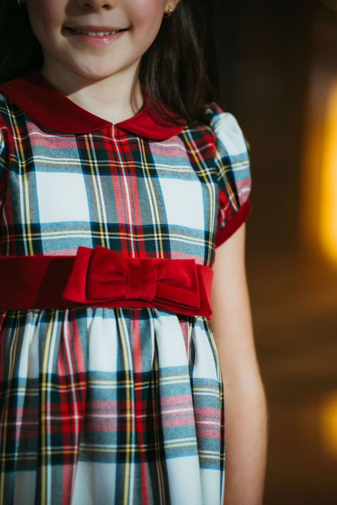 Girls Christmas Tartan Plaid Dress, Red Velvet Peter Pan Collar Puff Short Sleeve Holiday Dress