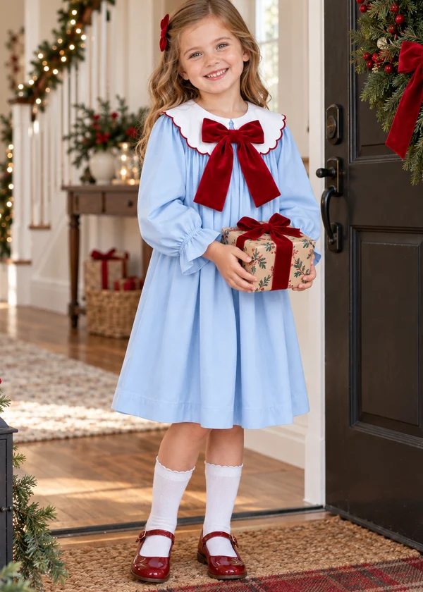 Girls Light Blue Peter Pan Collar Dress with Burgundy Velvet Bow, Long Sleeve Kids Party Dress