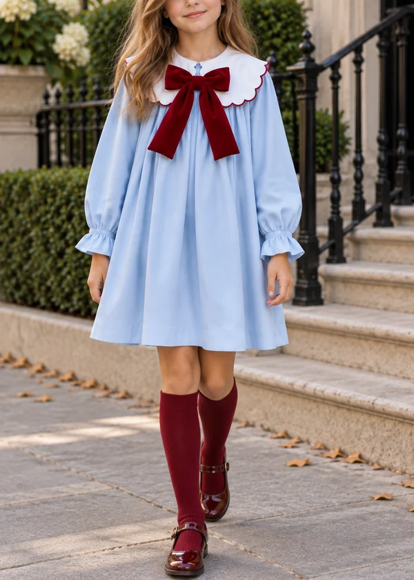 Girls Light Blue Peter Pan Collar Dress with Burgundy Velvet Bow, Long Sleeve Kids Party Dress