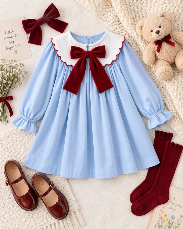 Girls Light Blue Peter Pan Collar Dress with Burgundy Velvet Bow, Long Sleeve Kids Party Dress