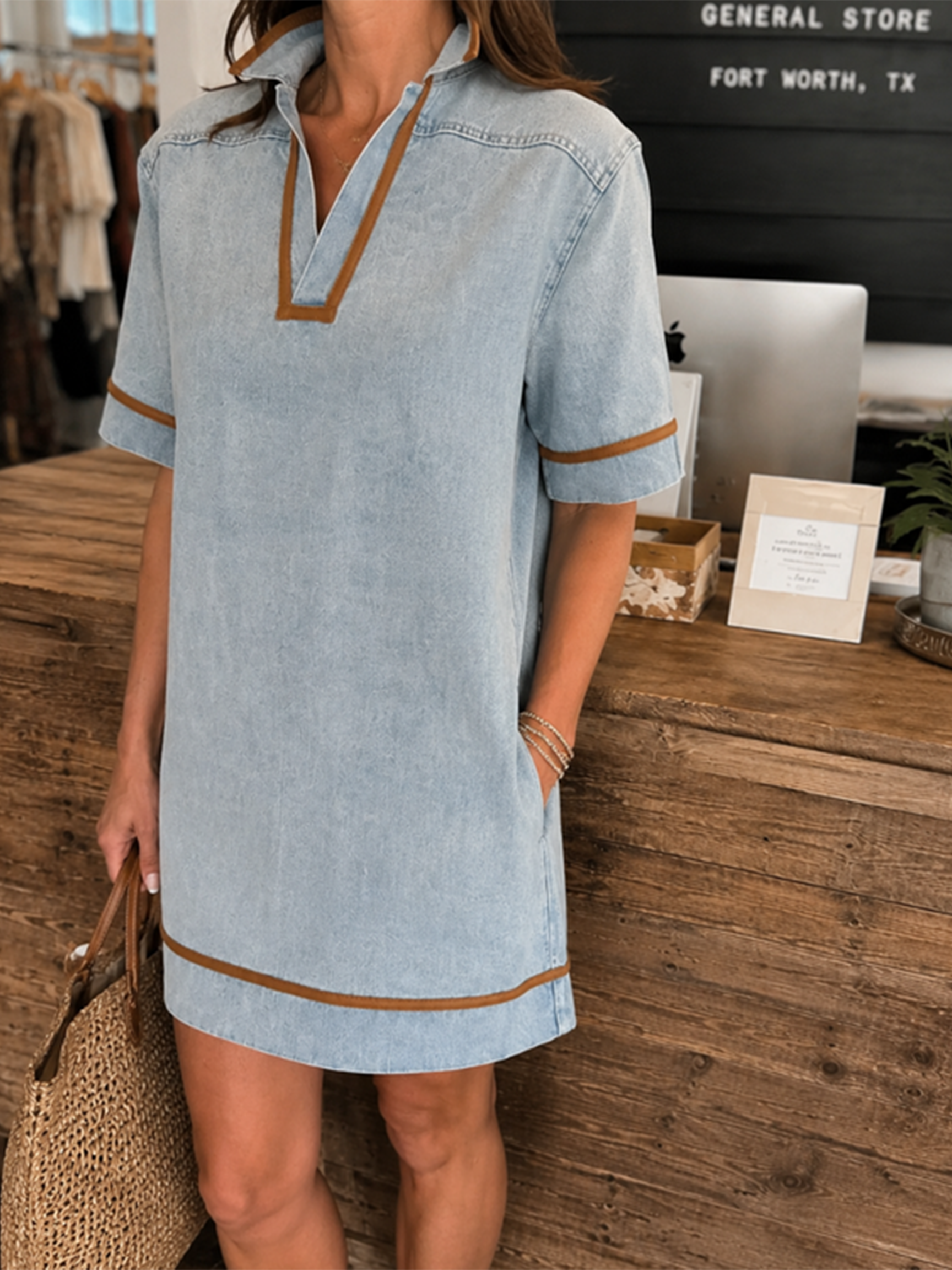 Contrast Trim Light Wash Denim Shirt Dress