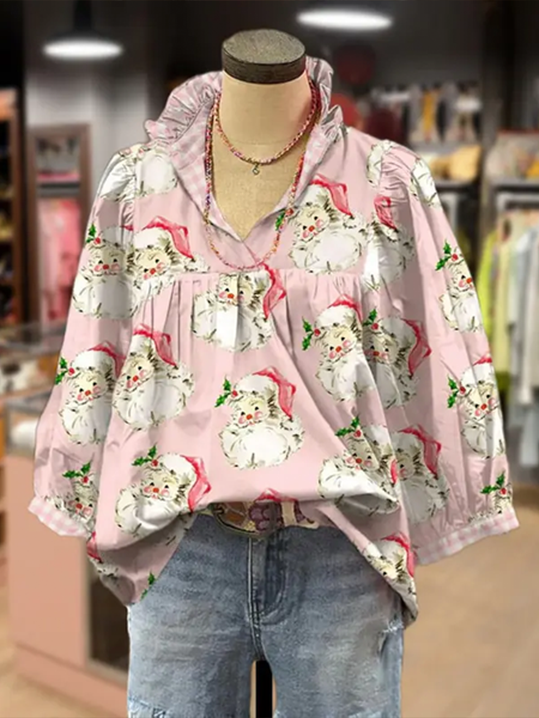 Retro Santa Claus print ruffled sleeve short-sleeve T-shirt