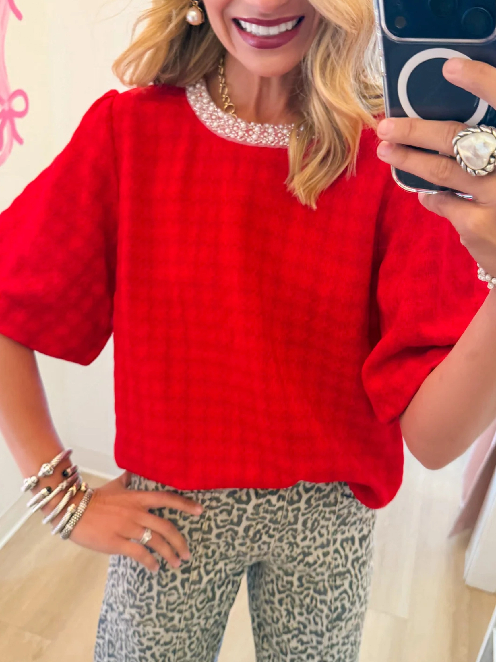 ibrant Red Pearl-Embellished Dolman Sleeve Top