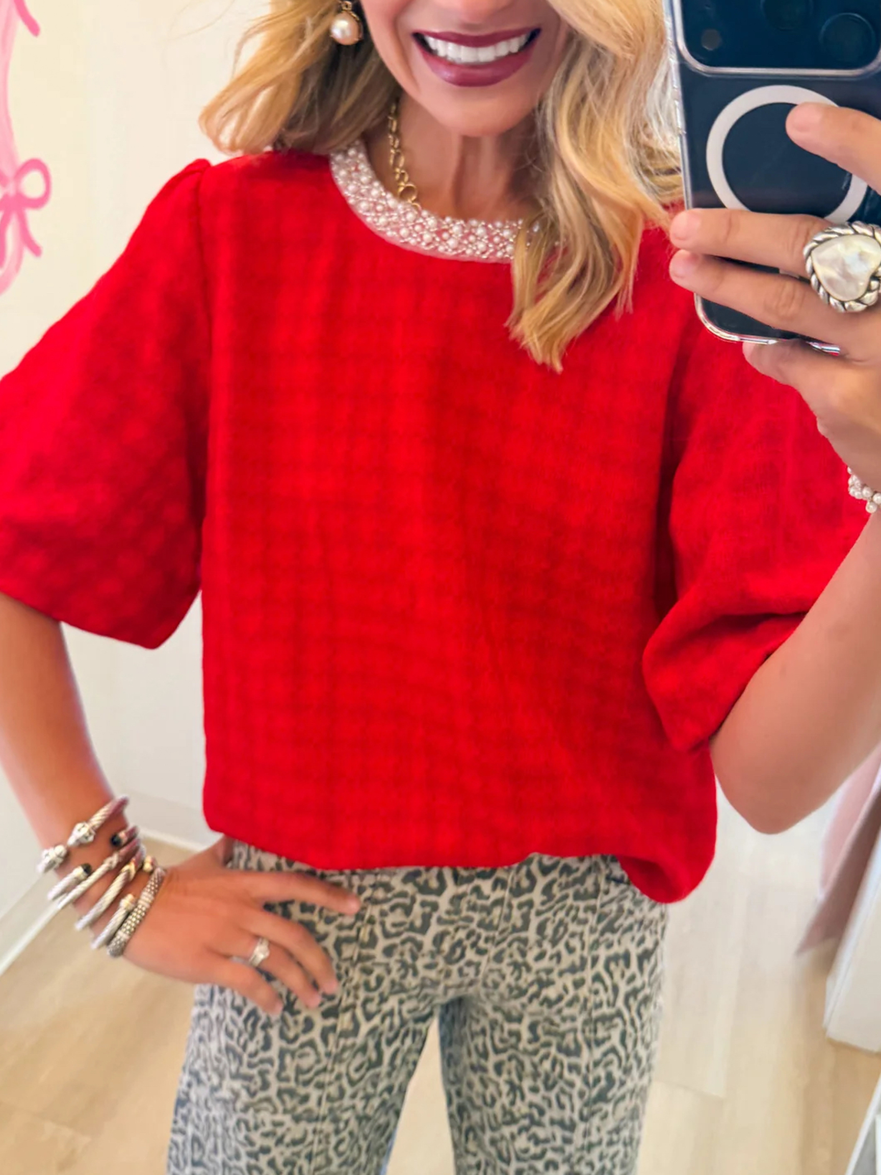 ibrant Red Pearl-Embellished Dolman Sleeve Top