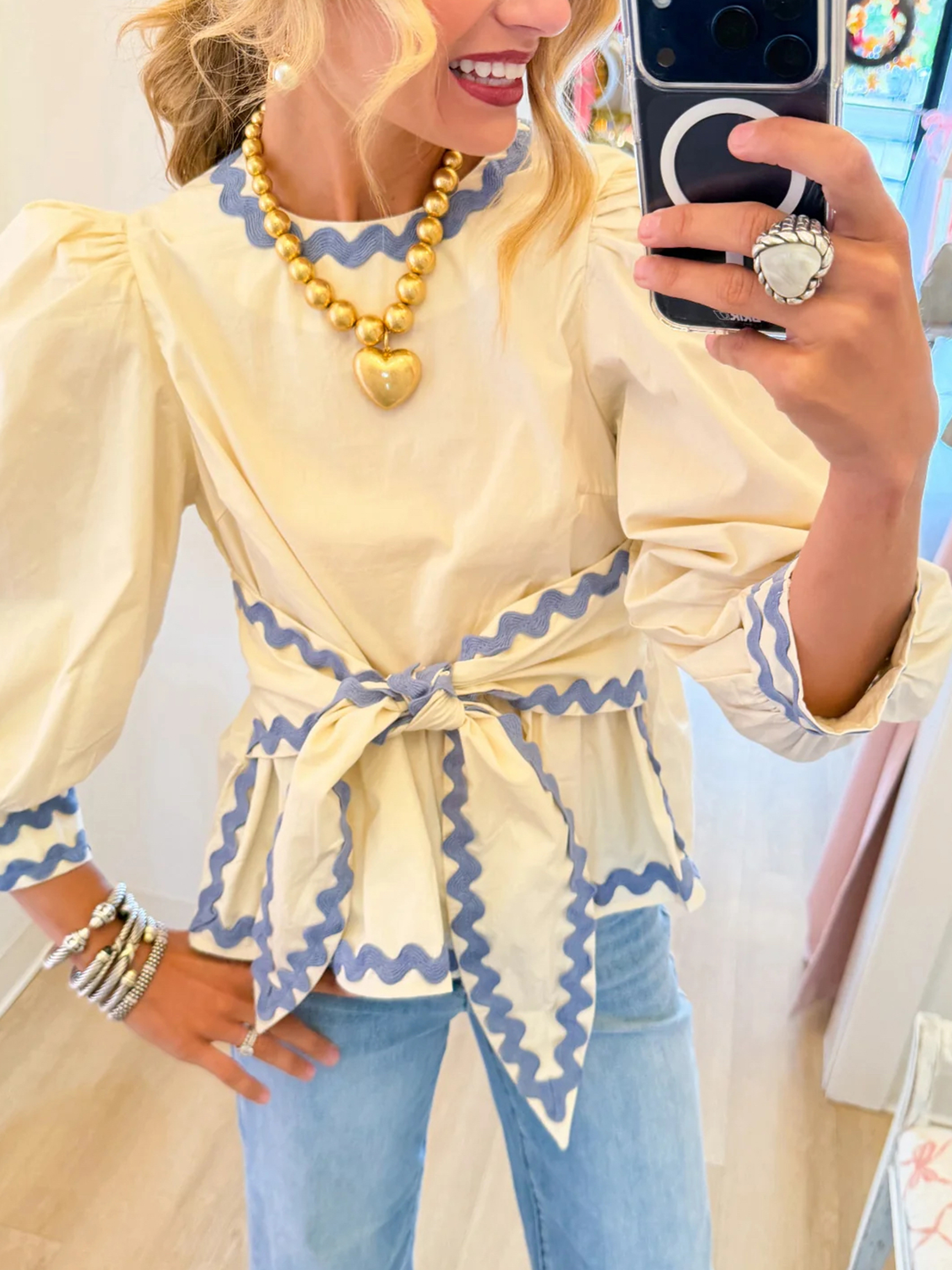 Chic Scallop Trim Puffed Sleeve Tie-Waist Blouse