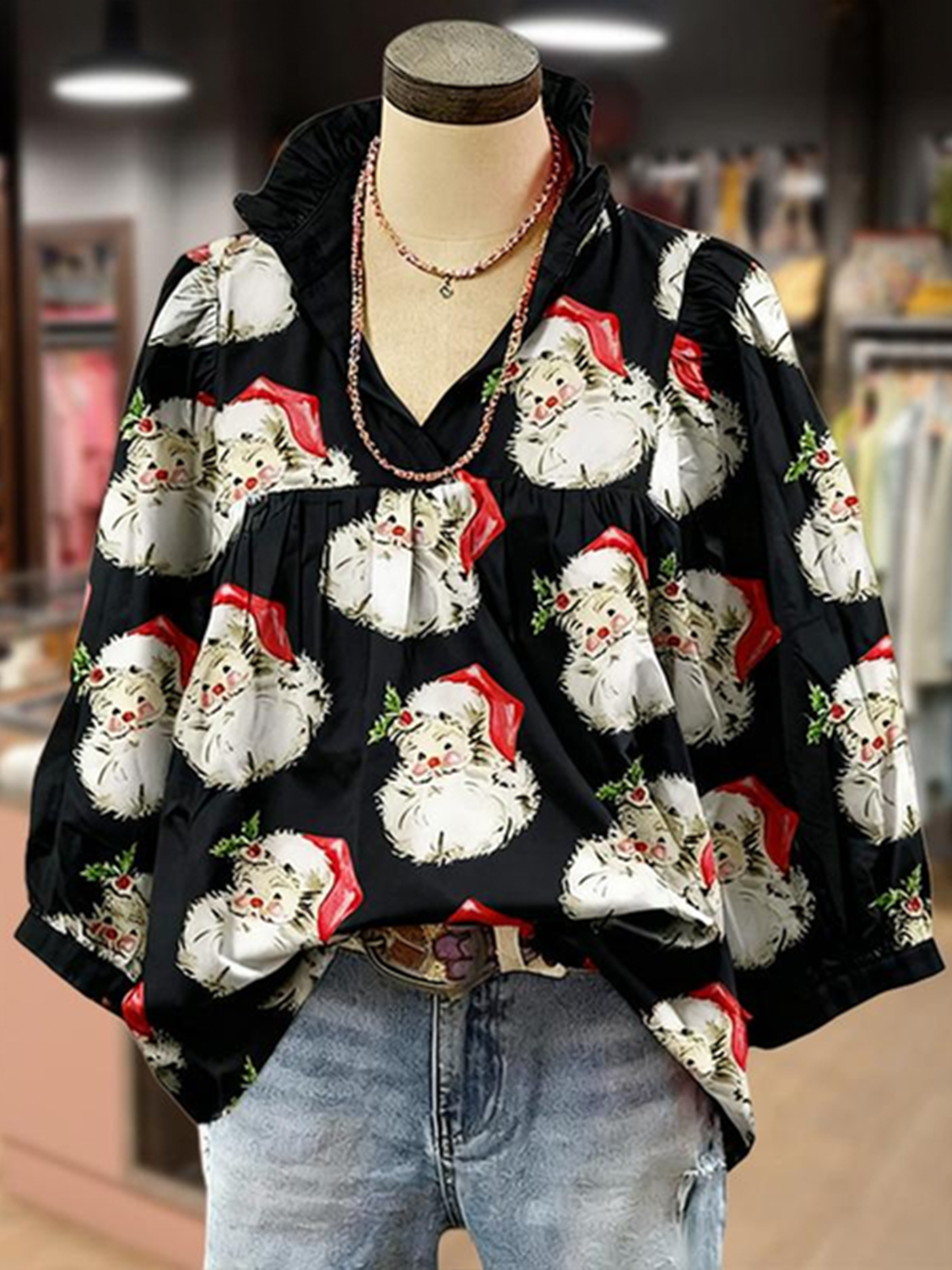 Retro Santa Claus print ruffled sleeve short-sleeve T-shirt