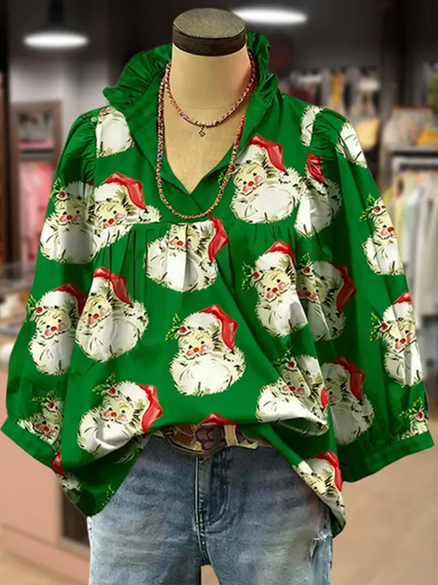 Retro Santa Claus print ruffled sleeve short-sleeve T-shirt