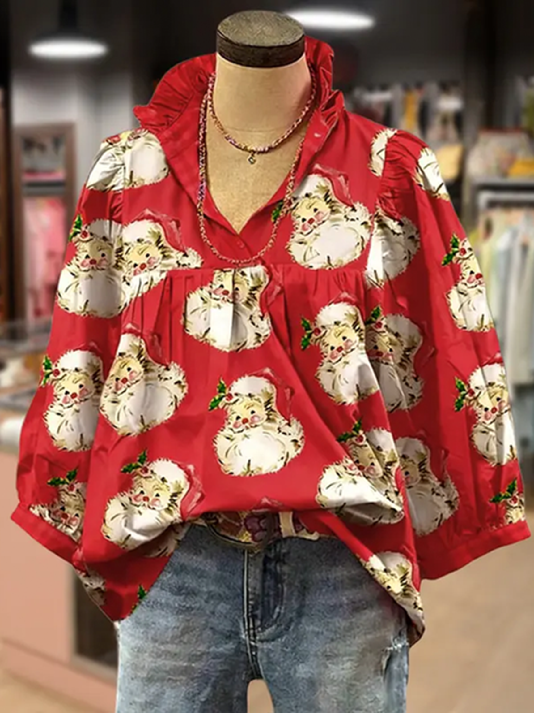Retro Santa Claus print ruffled sleeve short-sleeve T-shirt