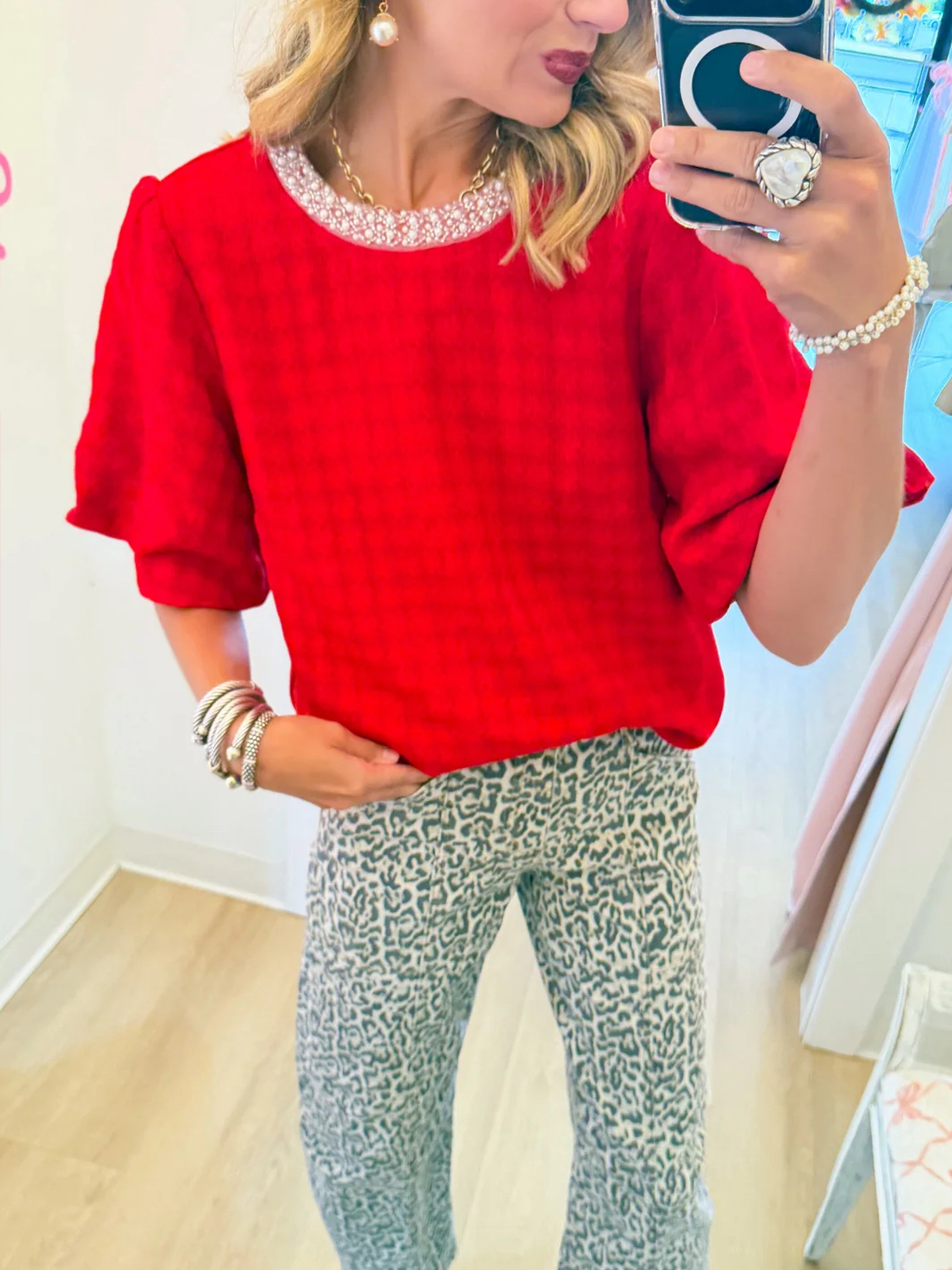 ibrant Red Pearl-Embellished Dolman Sleeve Top