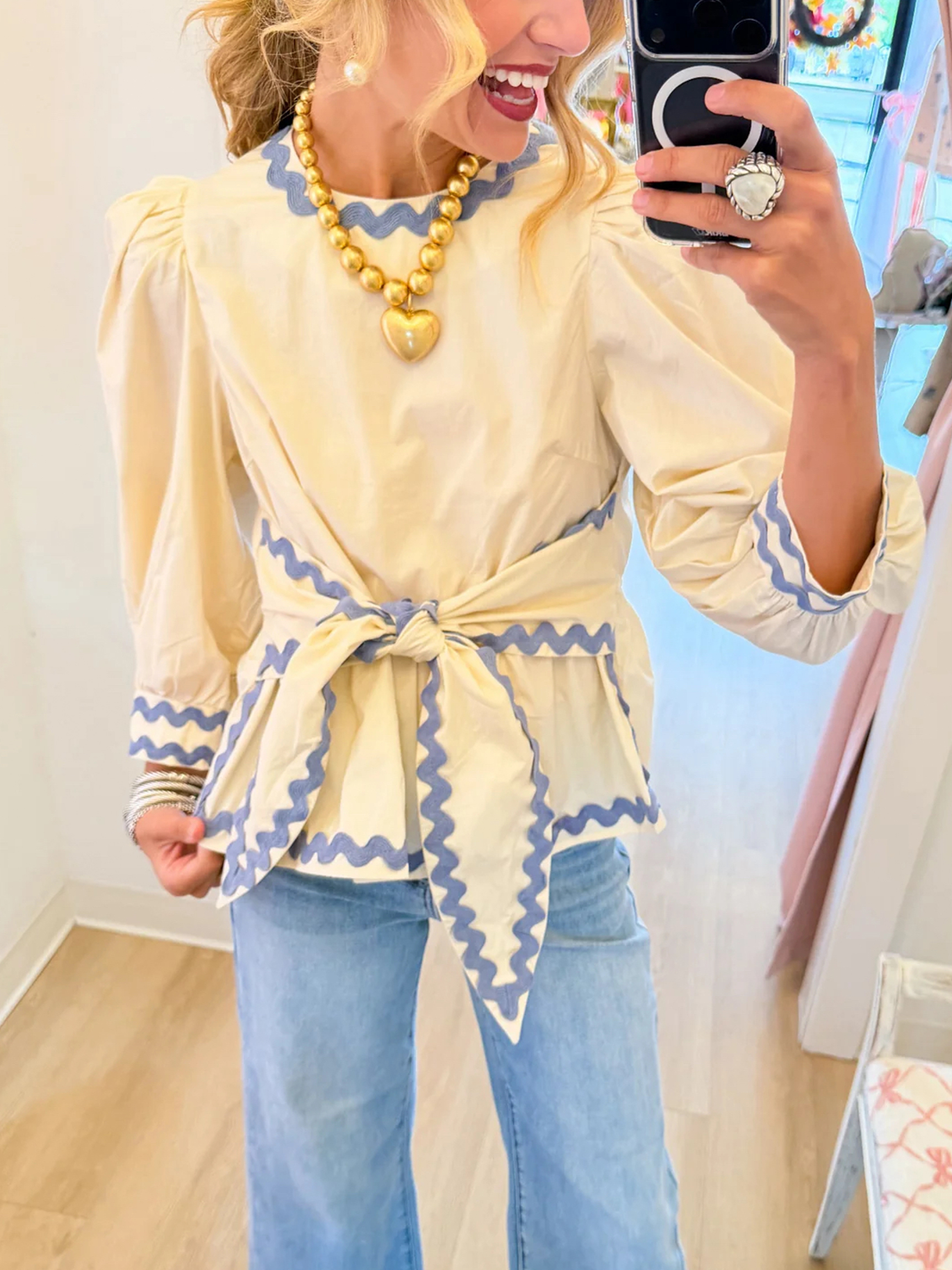 Chic Scallop Trim Puffed Sleeve Tie-Waist Blouse