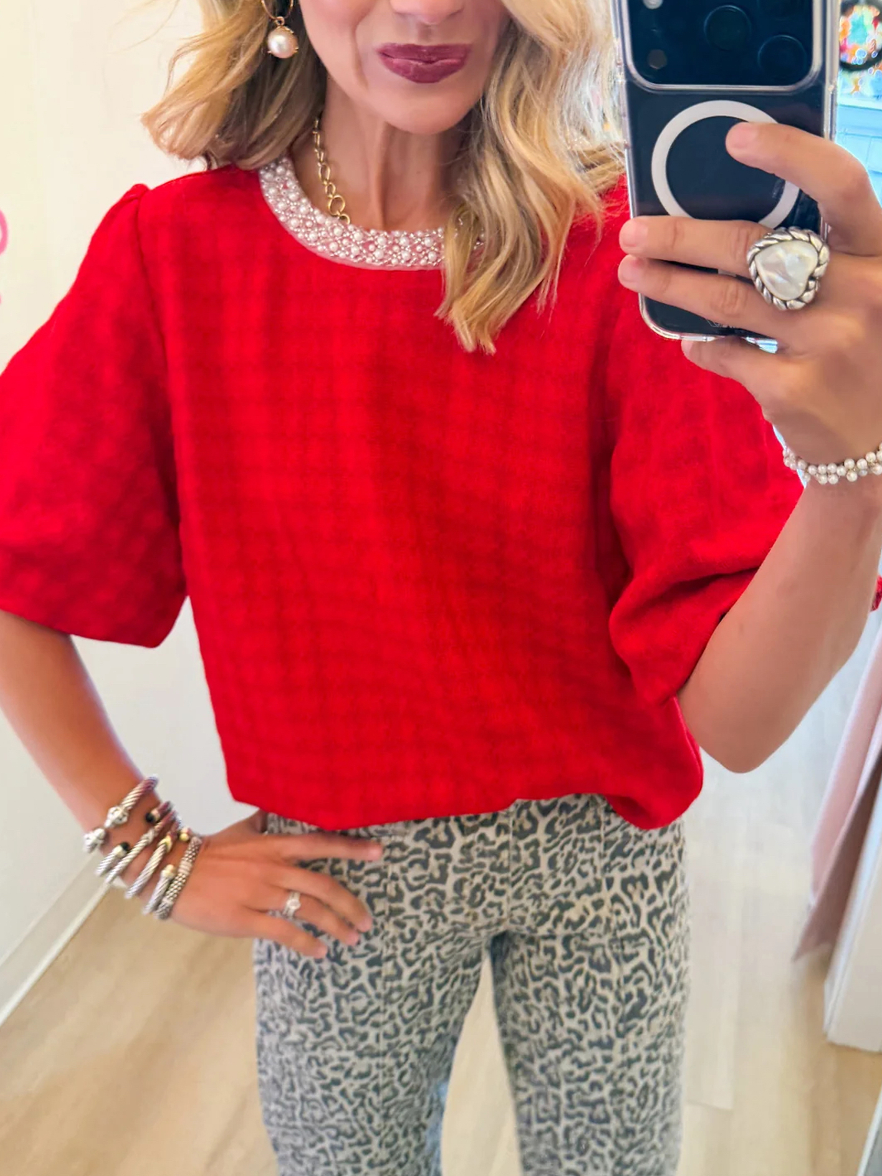 ibrant Red Pearl-Embellished Dolman Sleeve Top