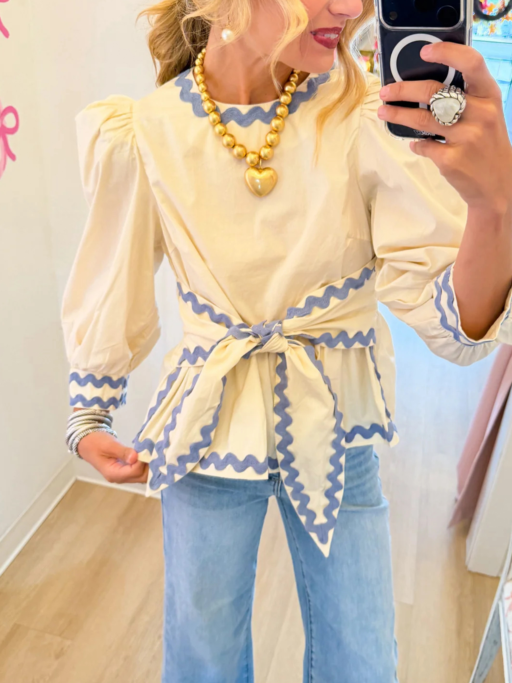 Chic Scallop Trim Puffed Sleeve Tie-Waist Blouse