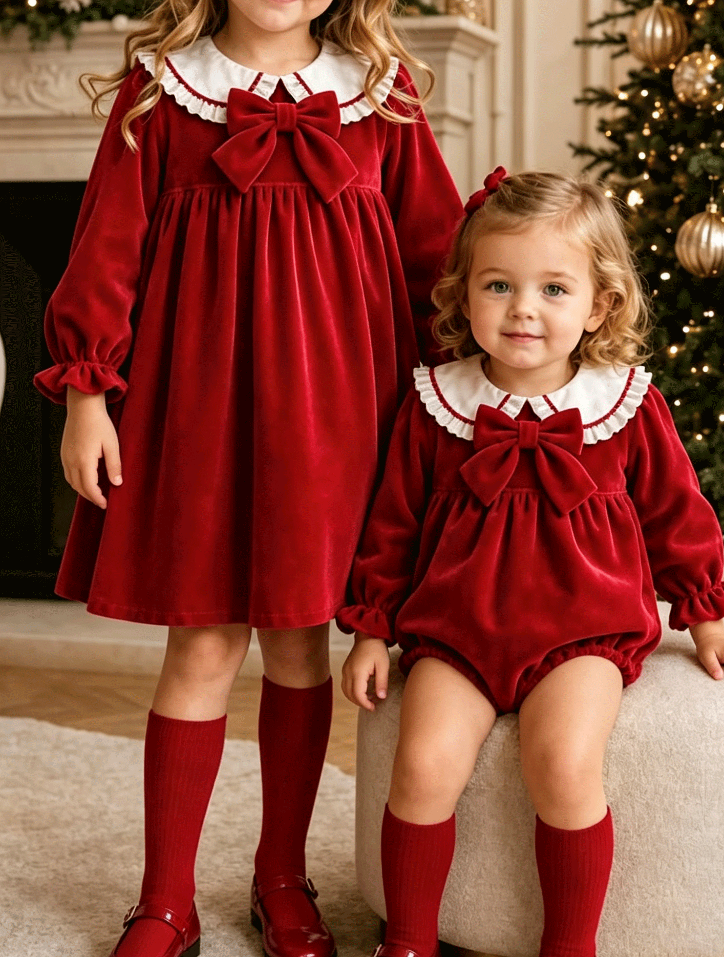 Girls Red Velvet Christmas Dress, Peter Pan Collar Bow Long Sleeve Holiday Party Dress