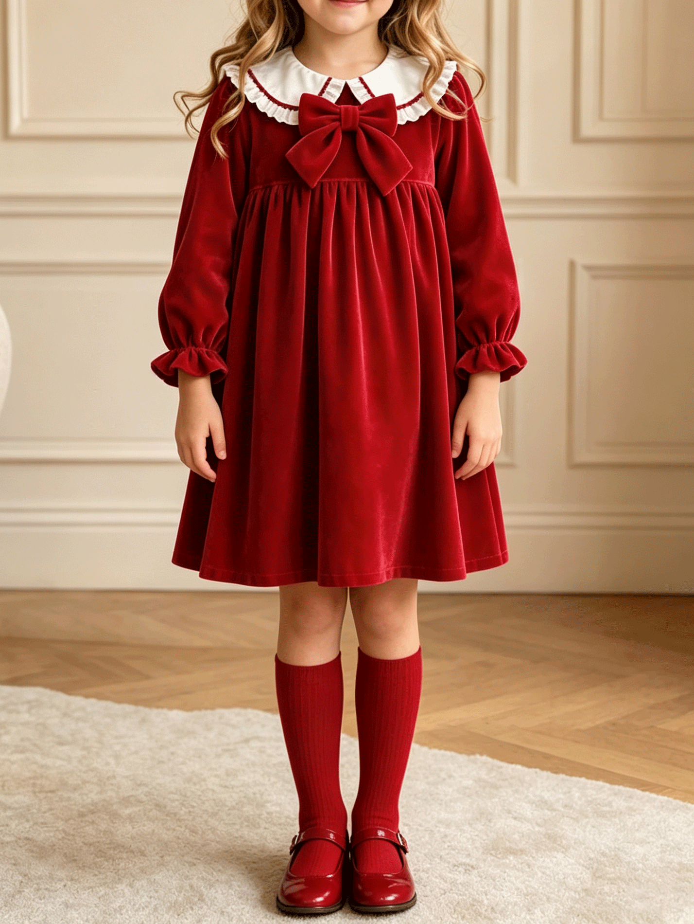 Girls Red Velvet Christmas Dress, Peter Pan Collar Bow Long Sleeve Holiday Party Dress