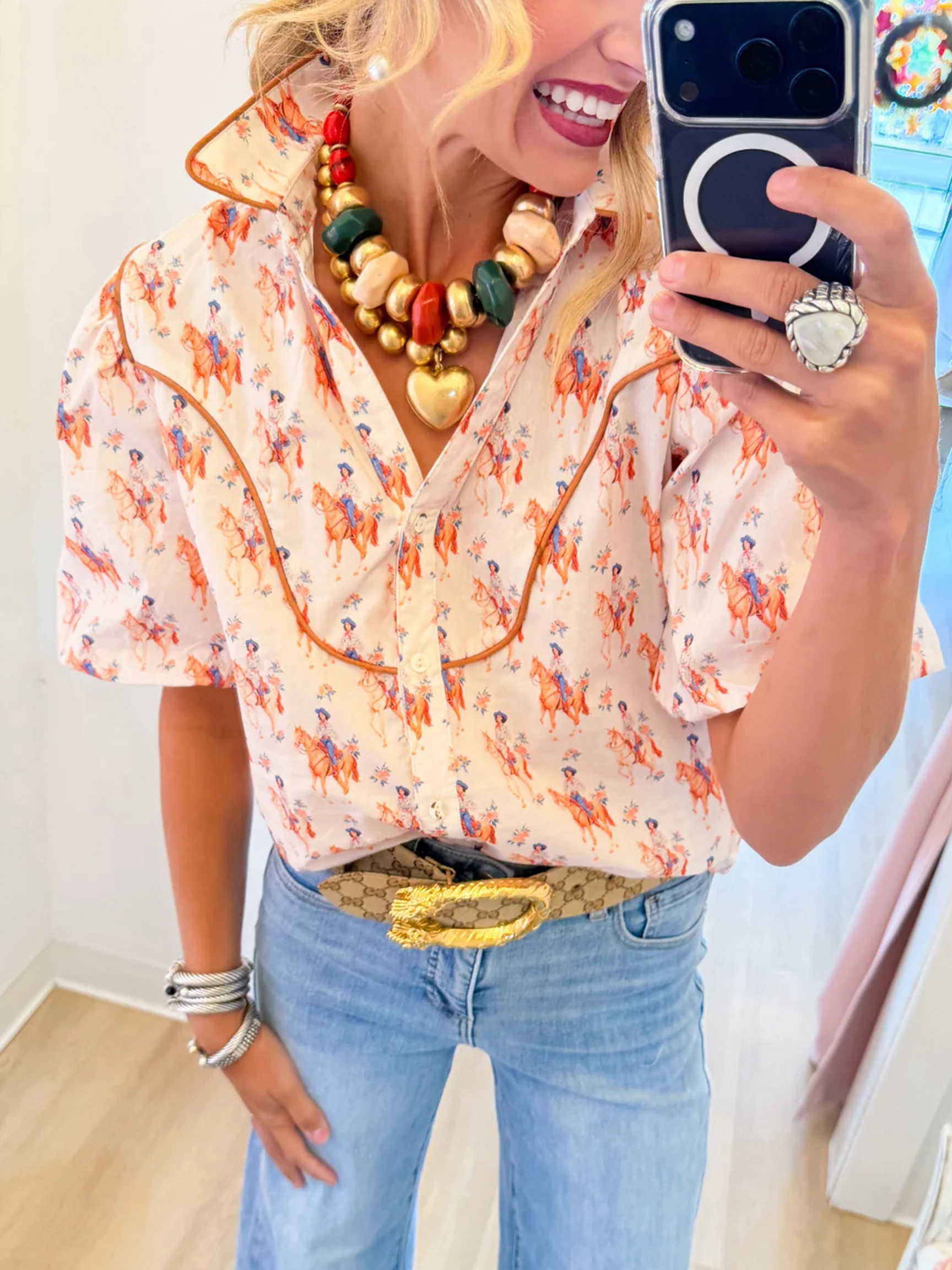 Equestrian Print Button-Front Western Blouse with Puffed Sleeves