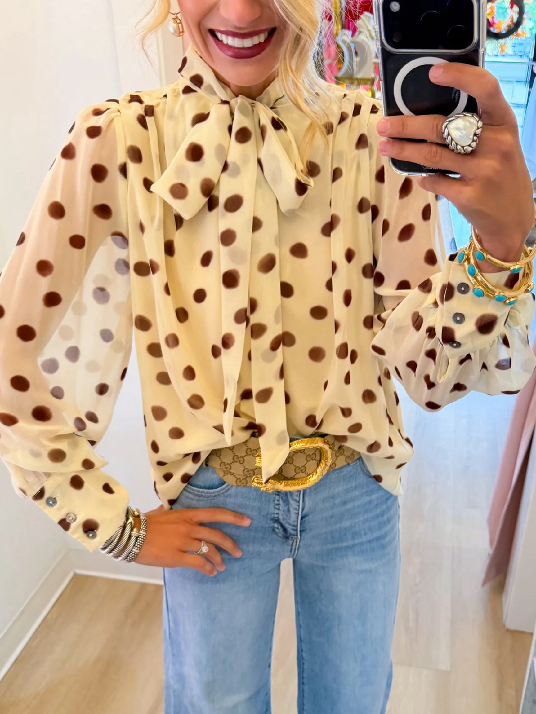 Vintage-Inspired Polka Dot Pussy-Bow Tie Sheer Blouse