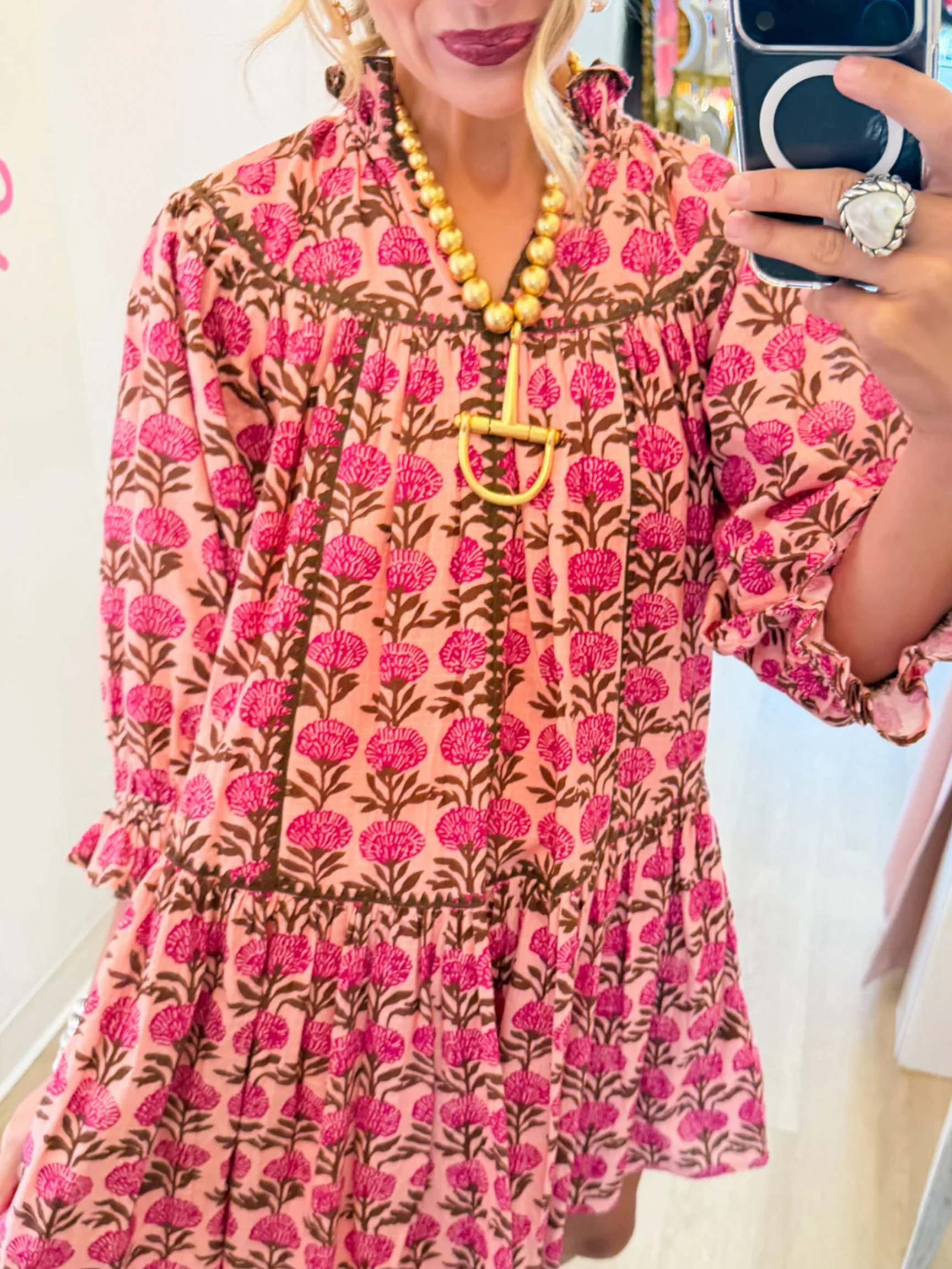 Bohemian Floral Block Print Ruffled Collar Tiered Dress