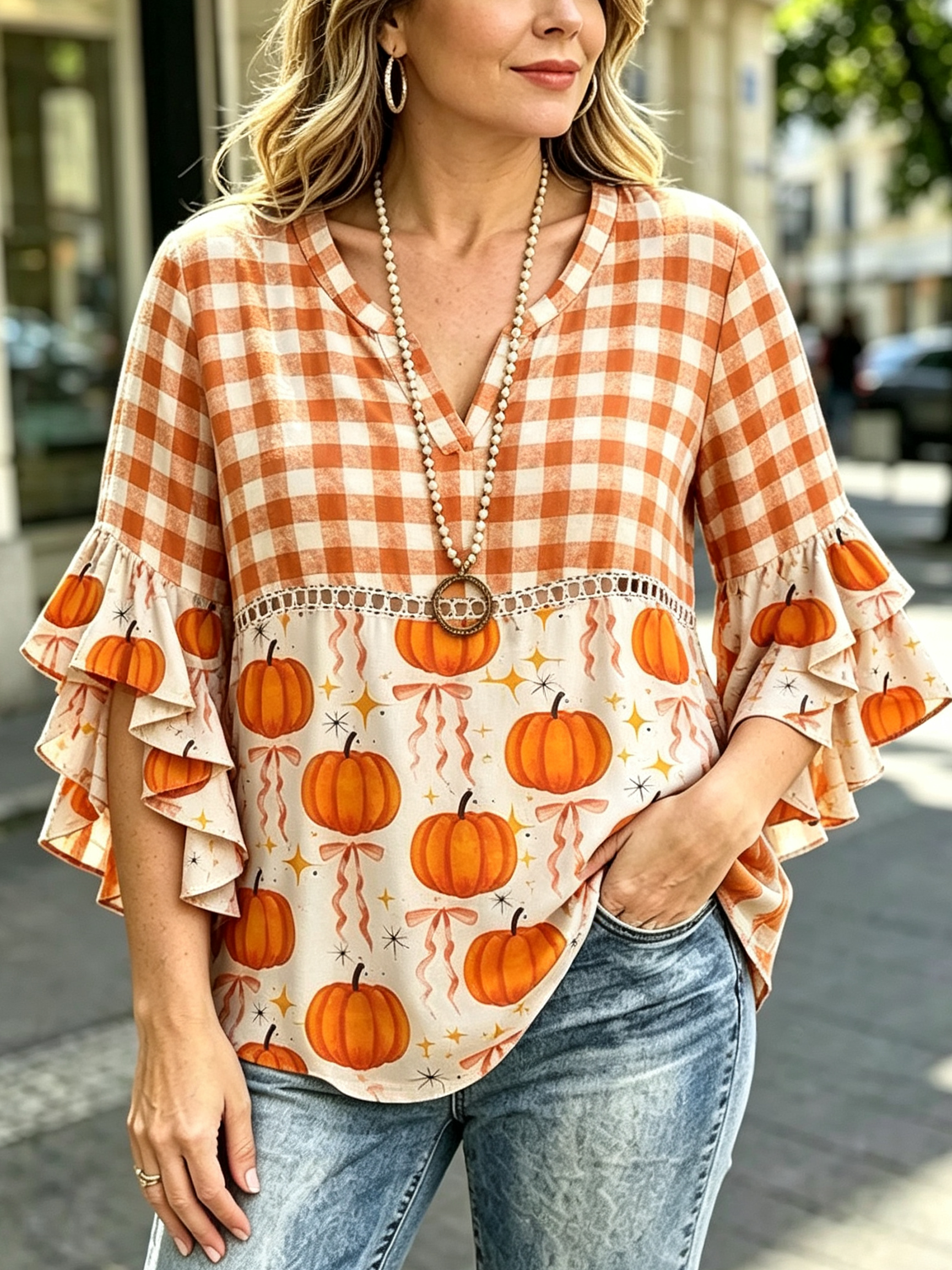 Fall Mixed Print Pumpkin Gingham Tiered Ruffle Sleeve Top