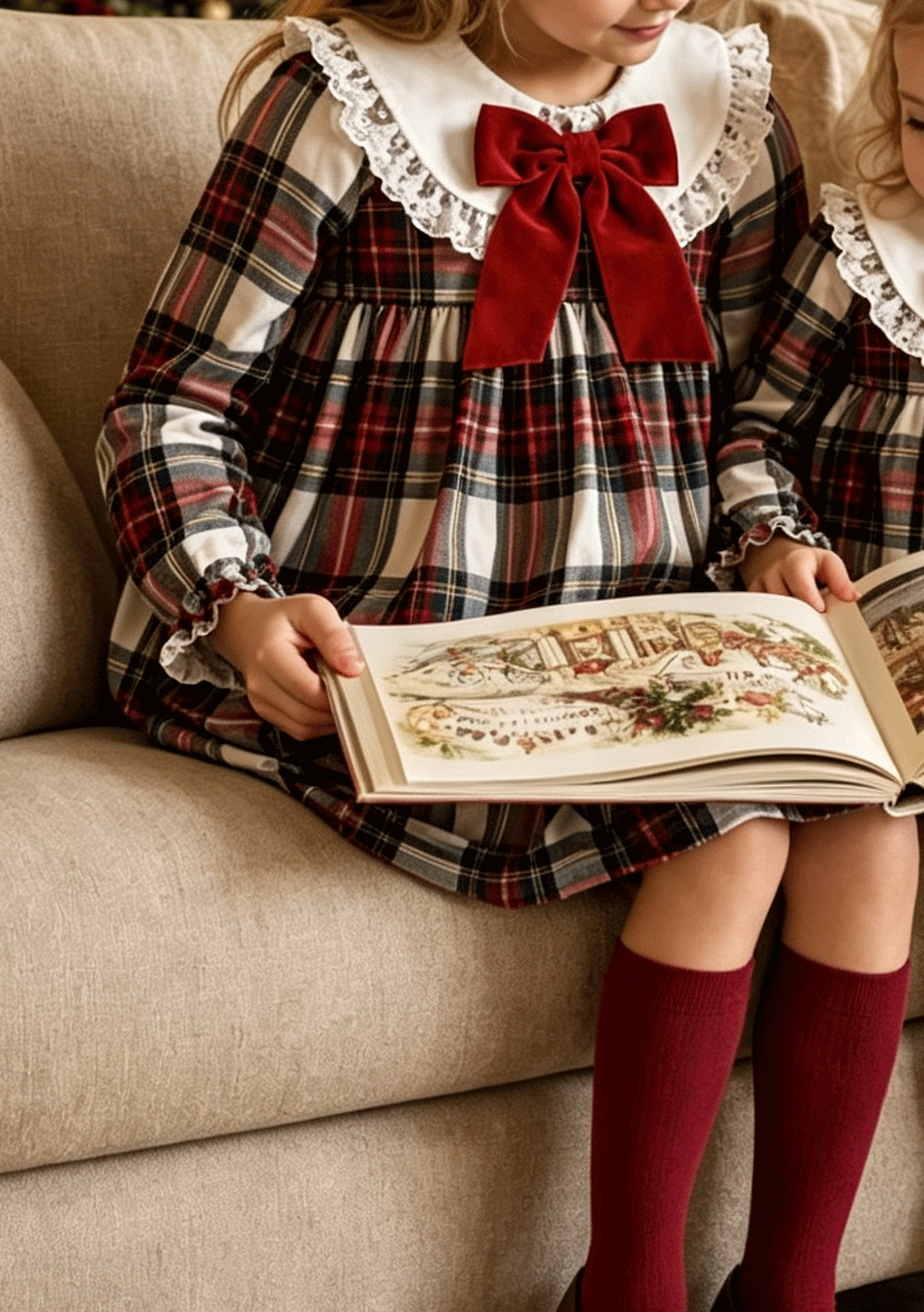 Girls Christmas Plaid Dress Lace Peter Pan Collar Red Bow Long Sleeve Vintage Holiday Dress