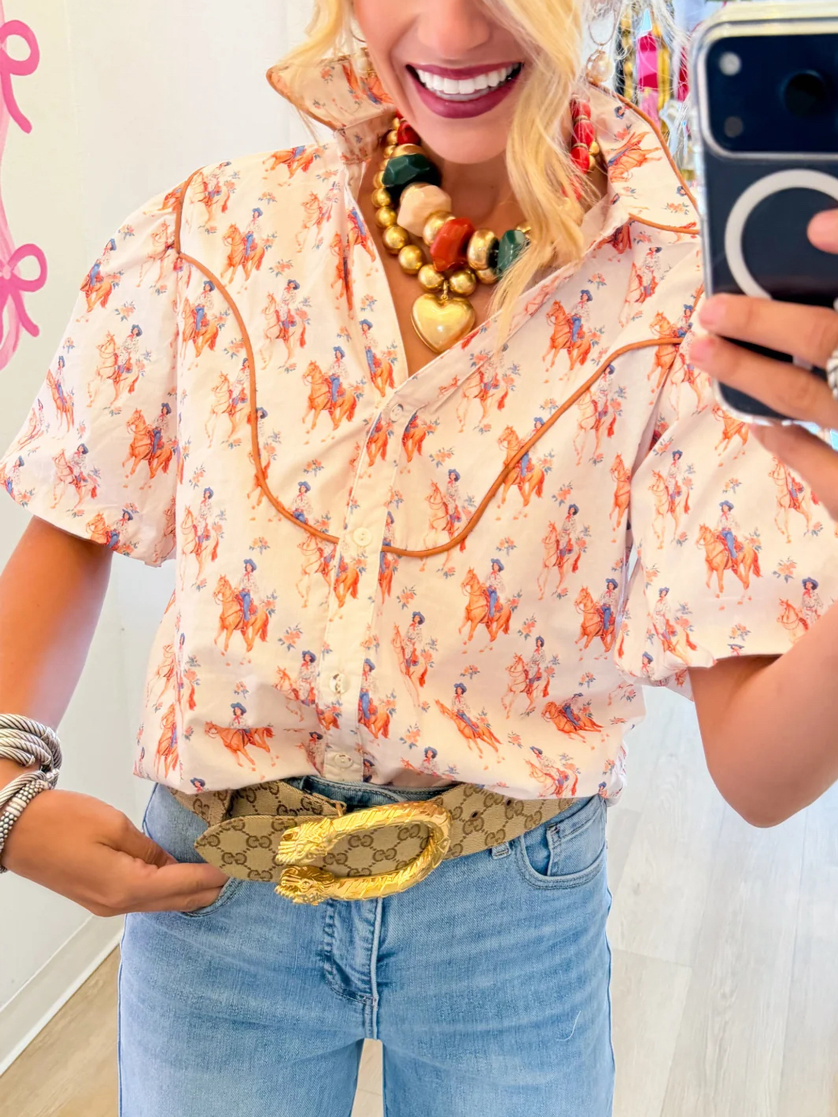 Equestrian Print Button-Front Western Blouse with Puffed Sleeves