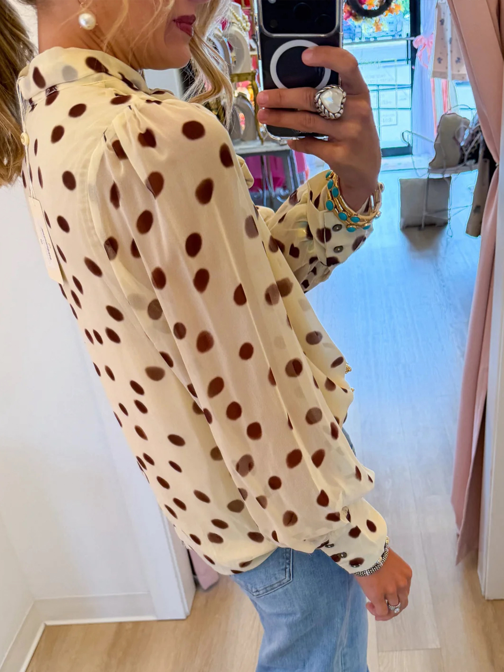 Vintage-Inspired Polka Dot Pussy-Bow Tie Sheer Blouse
