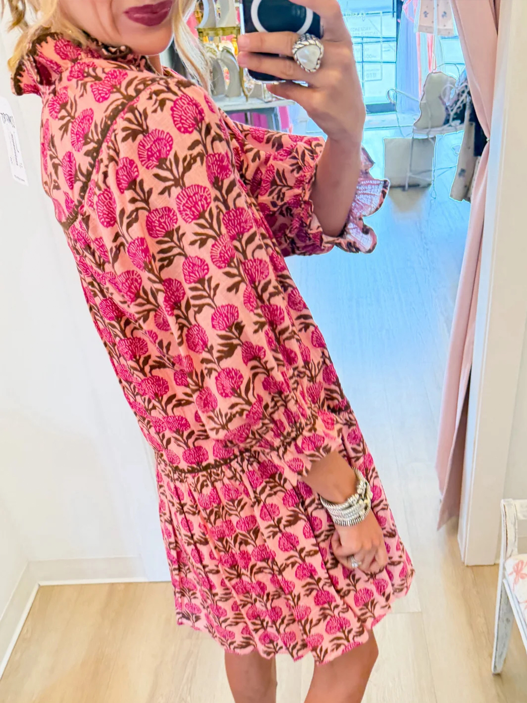 Bohemian Floral Block Print Ruffled Collar Tiered Dress
