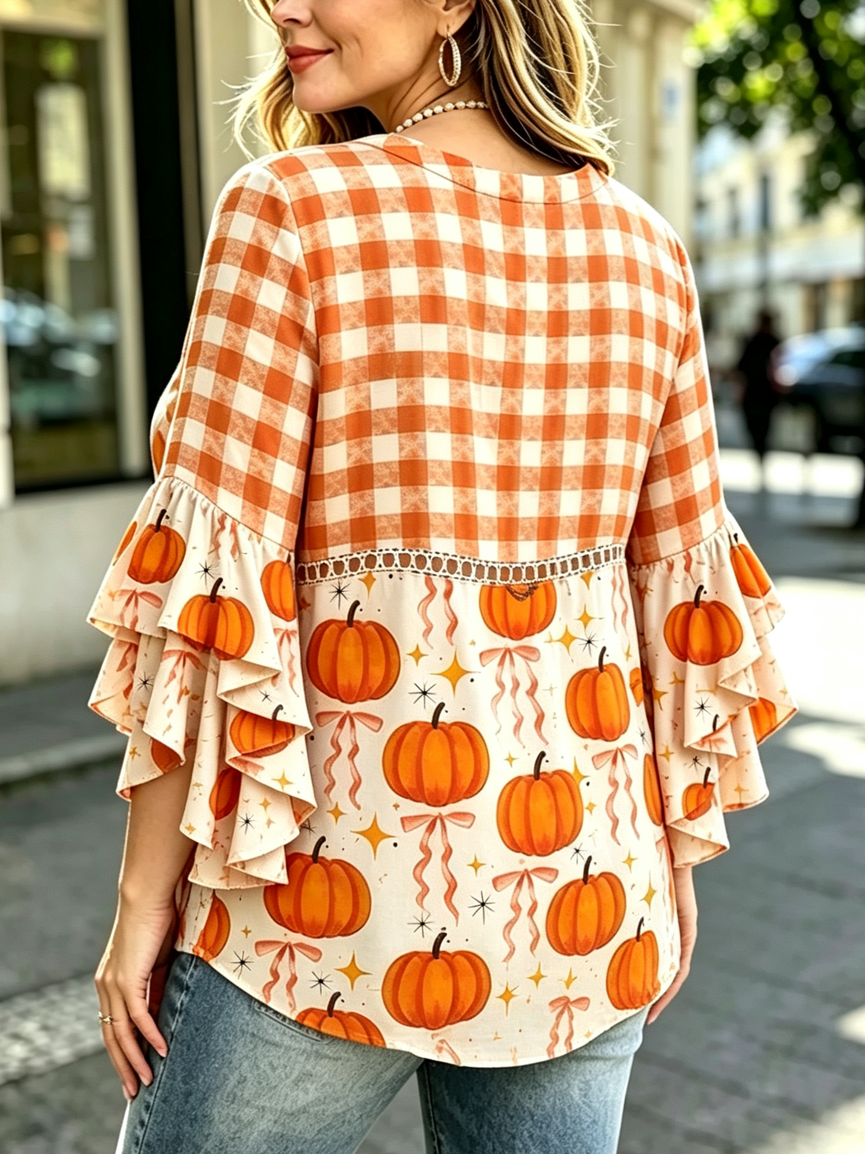 Fall Mixed Print Pumpkin Gingham Tiered Ruffle Sleeve Top