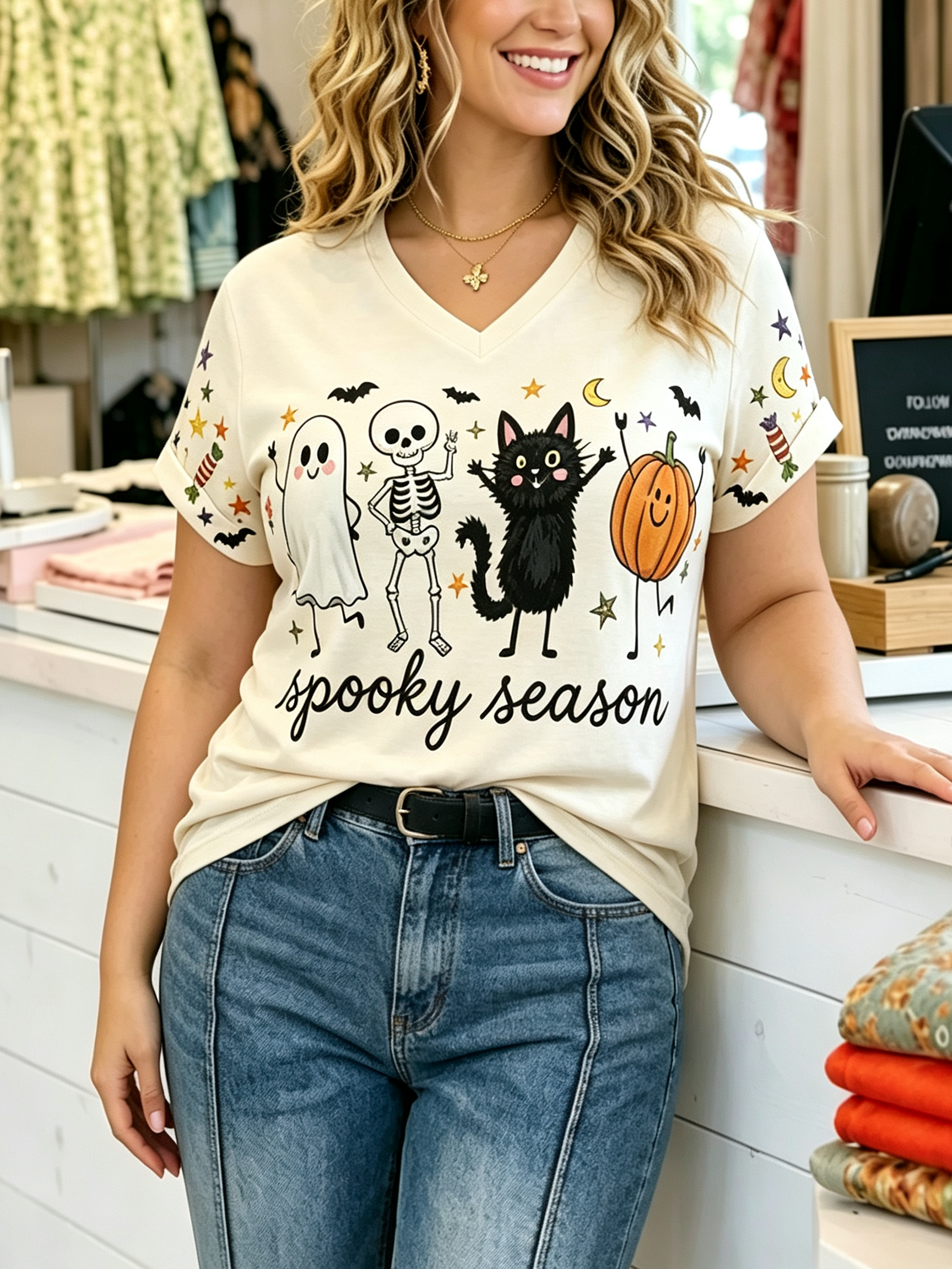 Cute Halloween Graphic V-Neck T-Shirt - "Spooky Season"