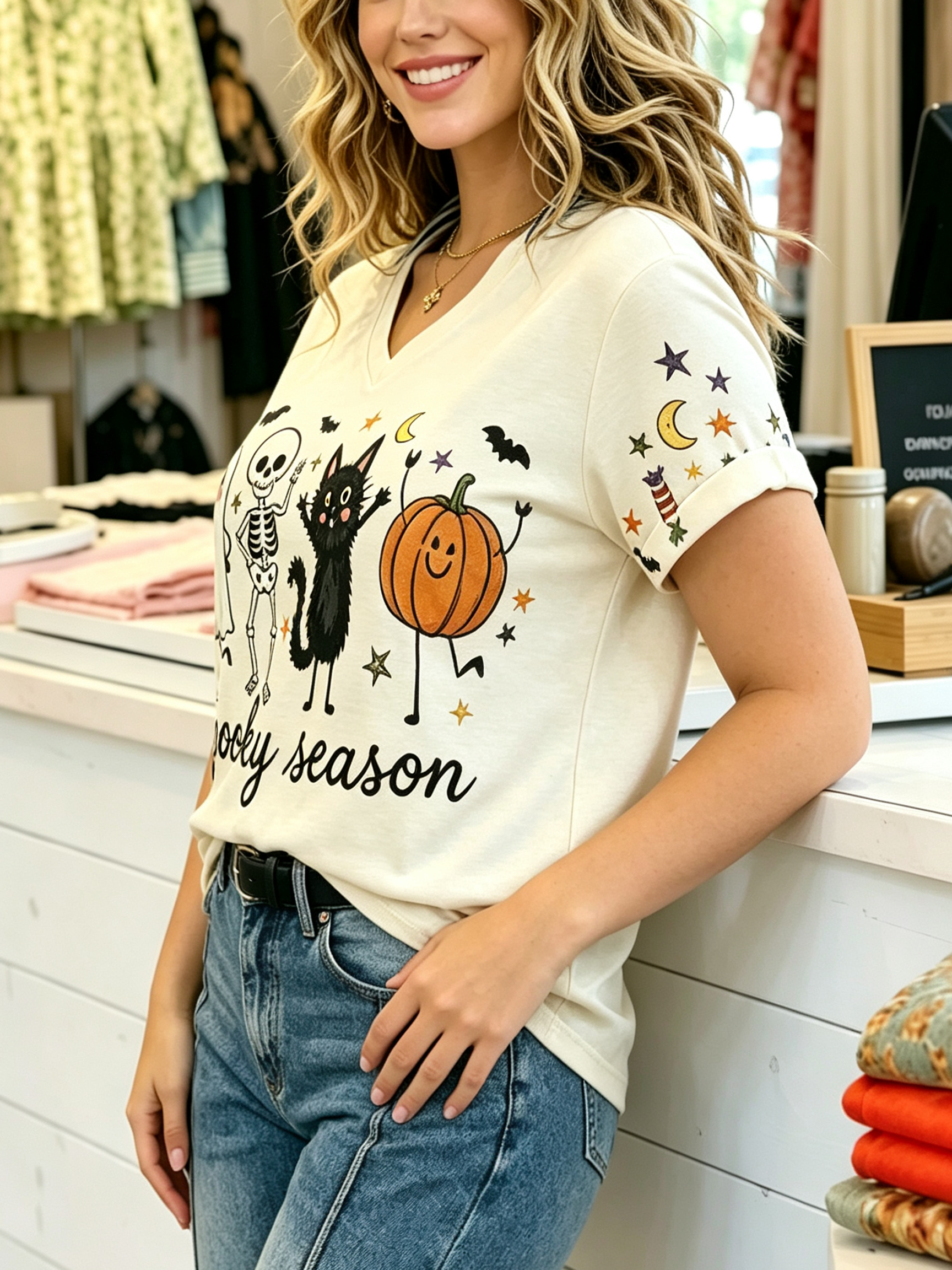 Cute Halloween Graphic V-Neck T-Shirt - "Spooky Season"