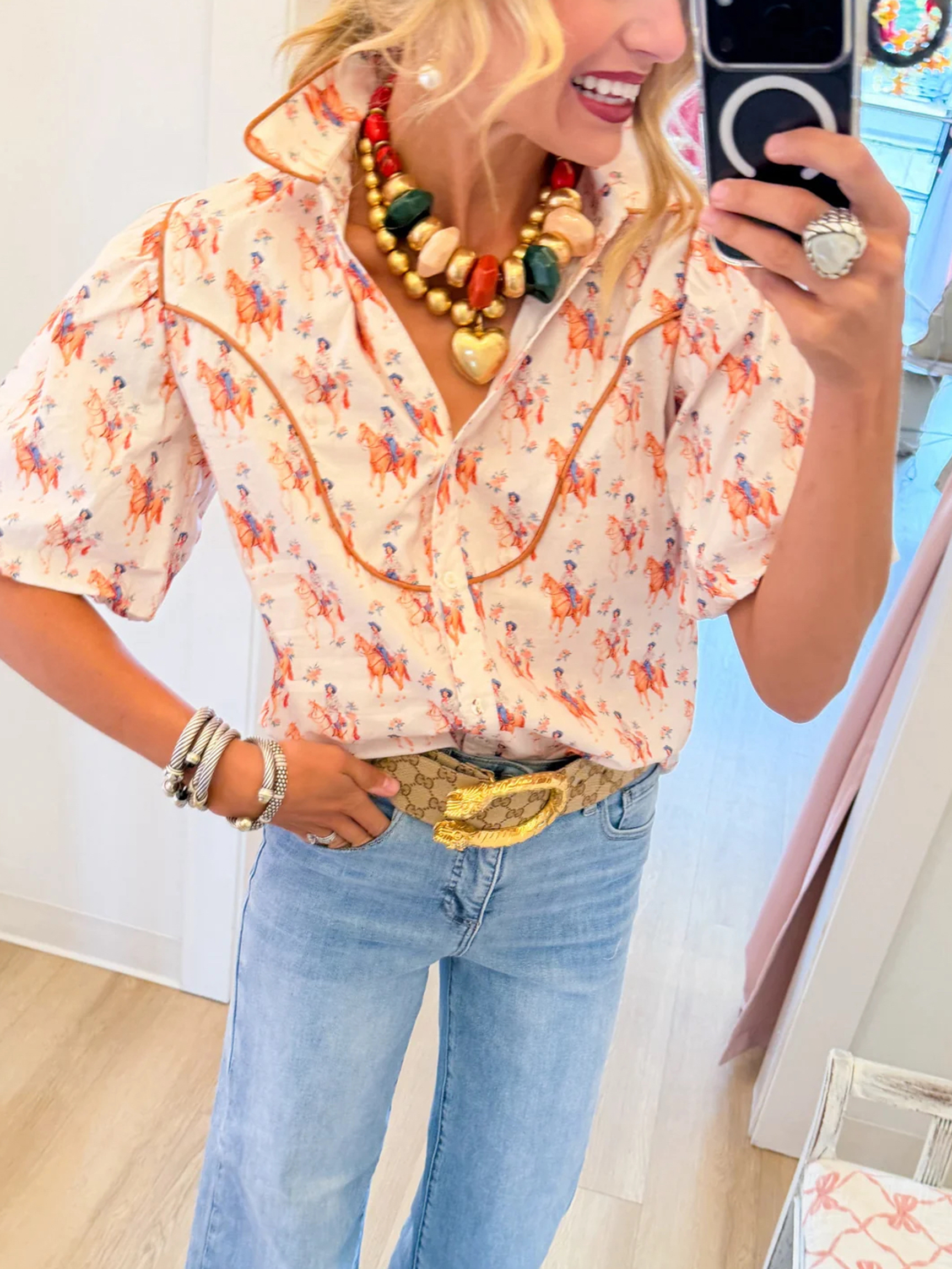 Equestrian Print Button-Front Western Blouse with Puffed Sleeves