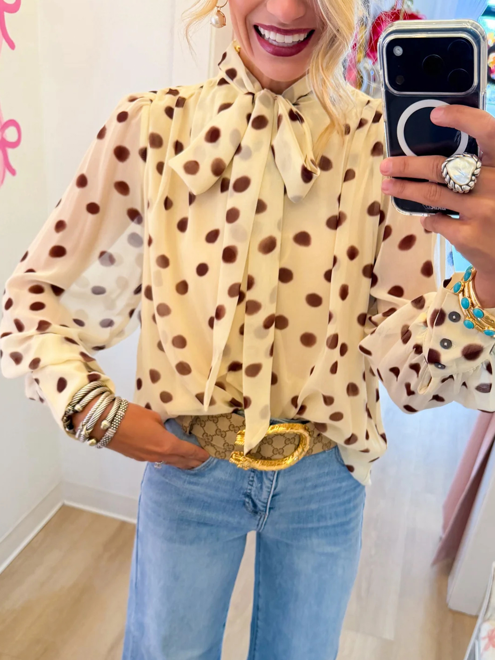Vintage-Inspired Polka Dot Pussy-Bow Tie Sheer Blouse