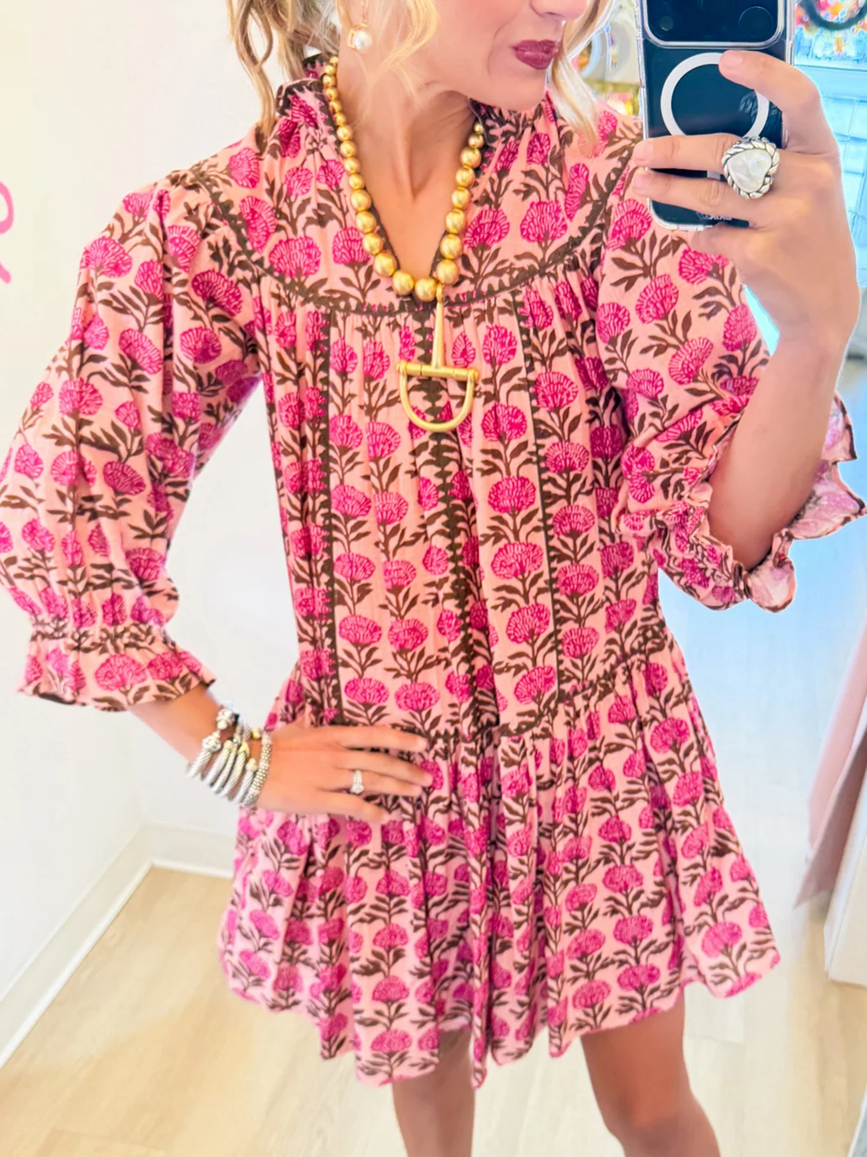 Bohemian Floral Block Print Ruffled Collar Tiered Dress
